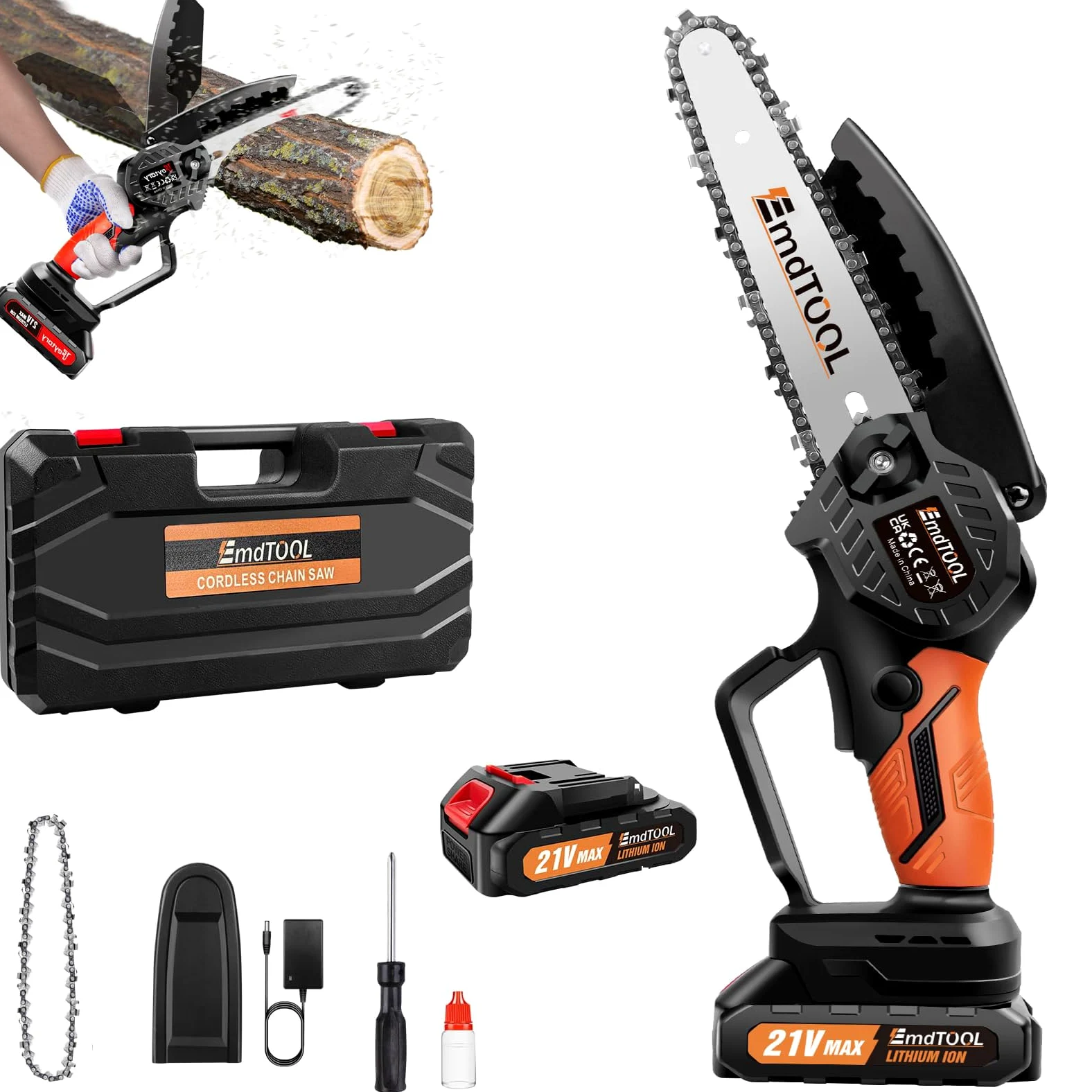 Sierra de cadena a batería de 21 V con batería, 2 cadenas, 6 pulgadas, naranja, motosierra eléctrica con una sola mano, con cerradura de seguridad para jardinería, poda de árboles, corte de