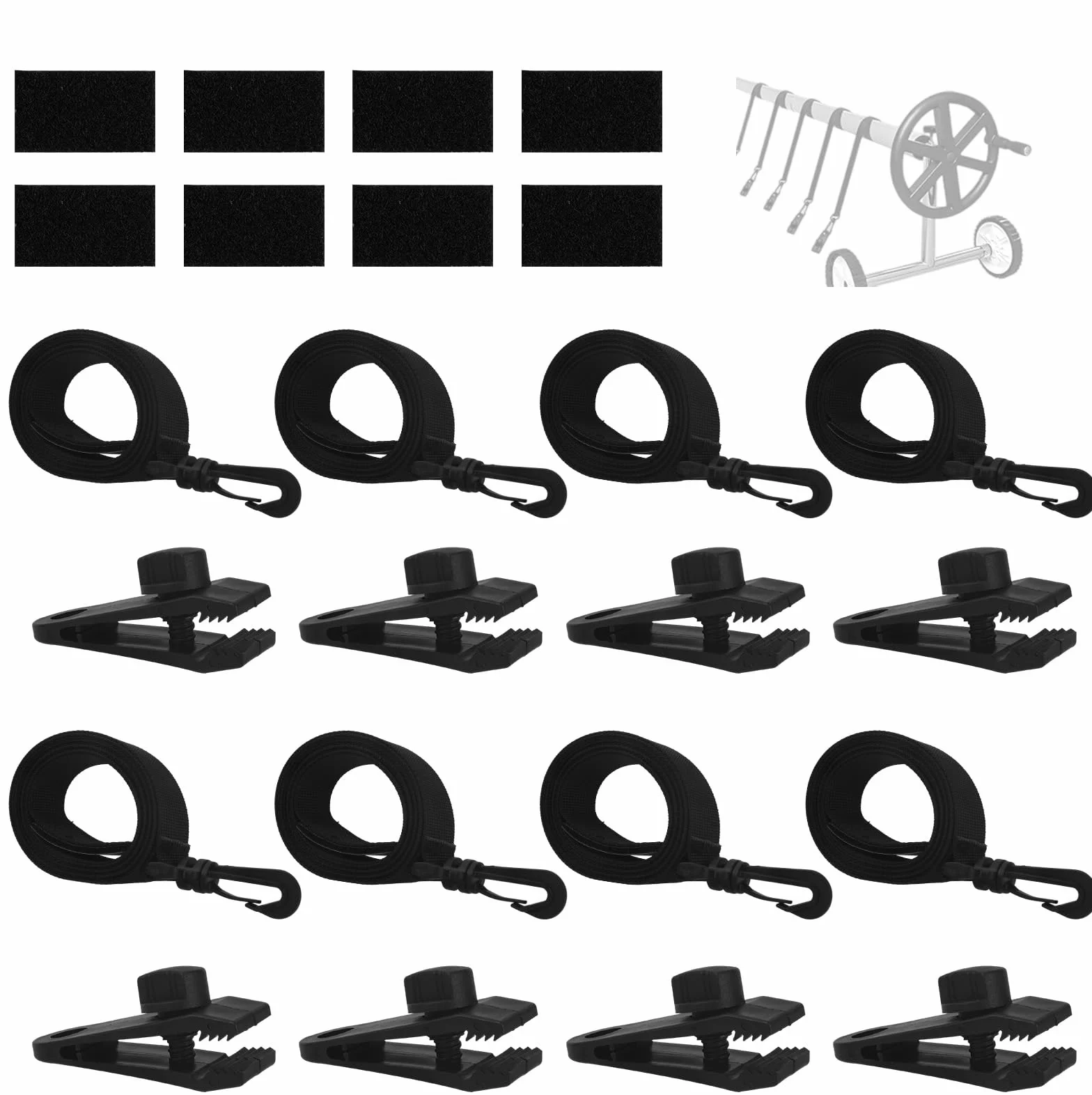 Tinoaly 24 Piezas Kit para Enrollar Cubiertas Solares Piscina, Correas para Manta Solar de Piscina Enterrada 8 Correas con Gancho Clips y 8 Cierres de Contacto