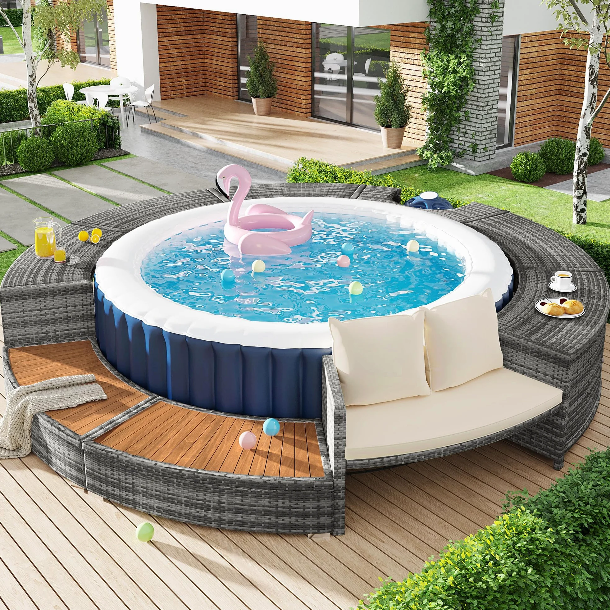 Set de salón de jardín Shye con sofá redondo, juego de muebles de jardín, set de salón, para jacuzzi y piscina, con patas ajustables, incluye cojines, muebles para terraza, jardín o área de piscina