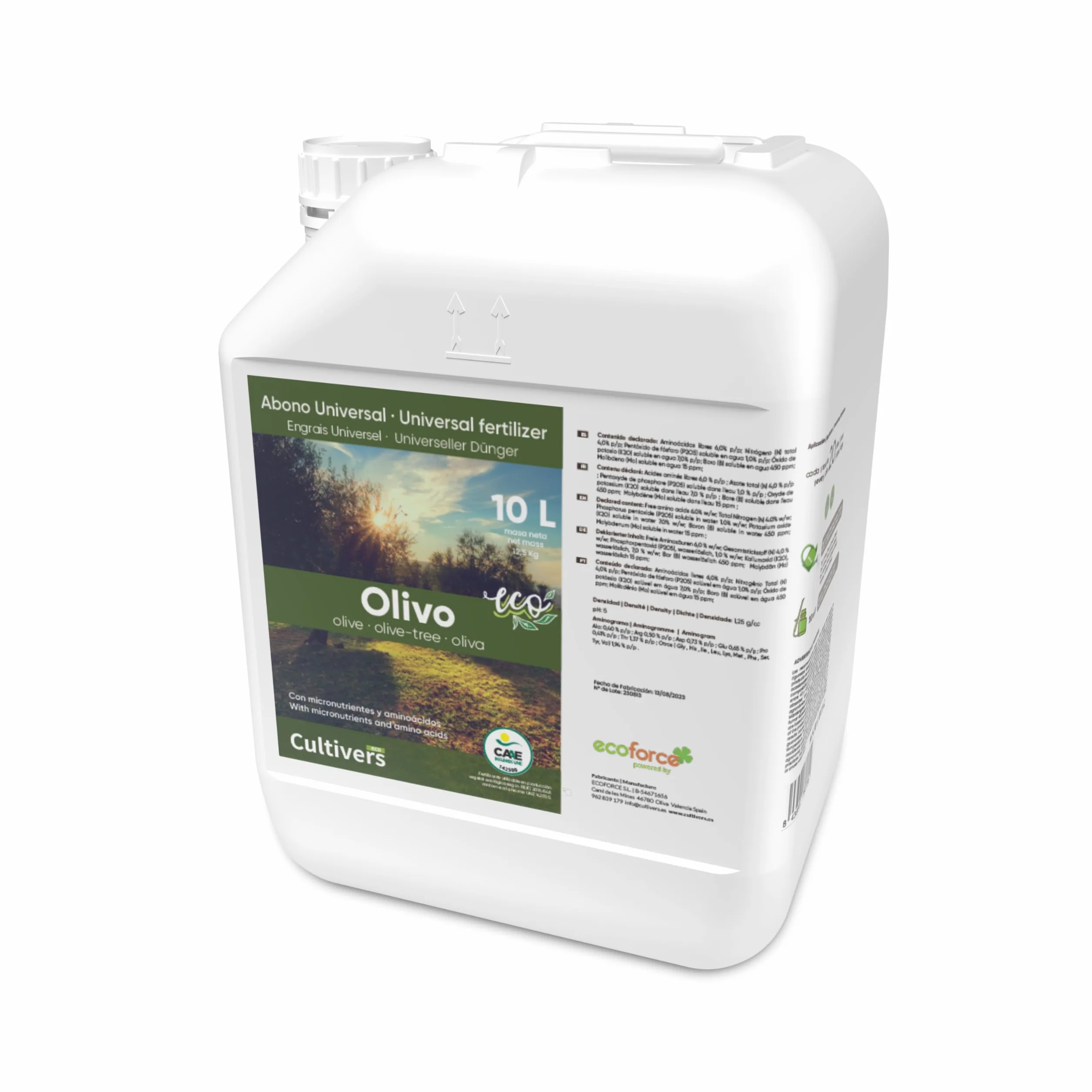 Cultivers Engrais Biologique Pour Olives 10 L. Engrais Liquide 100% Biologique Avec Macronutriments Et Micronutriments. Améliore La Fructification, La Quantité Et La Qualité De L'olive