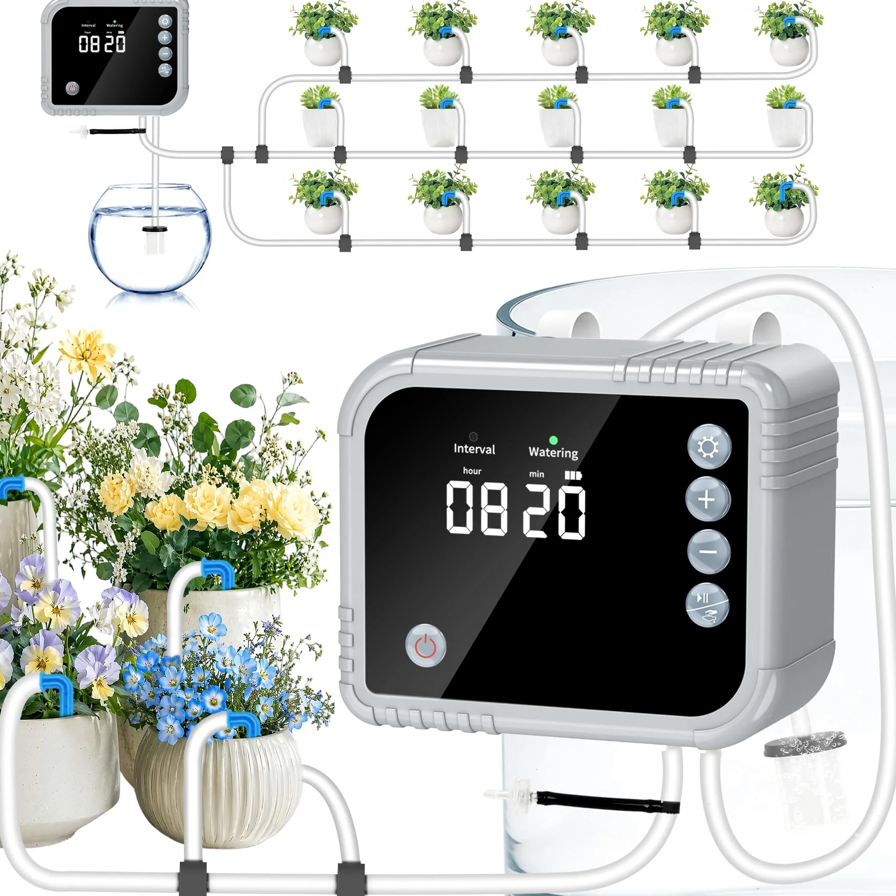 Sistema de riego automático de riego por goteo para riego de plantas interior, pantalla LCD, suministra hasta 15 macetas, 350 modos para vacaciones, balcón