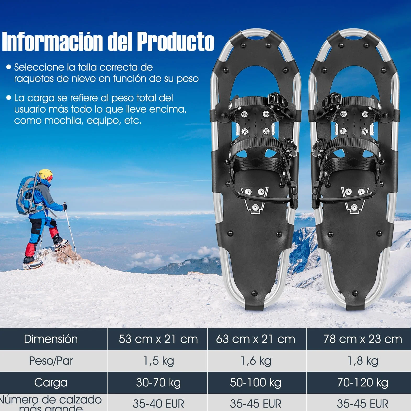 COSTWAY Raquetas de Nieve 4 en1 Aluminio 35-45 cm Bastones Trekking Bolsa Impermeable