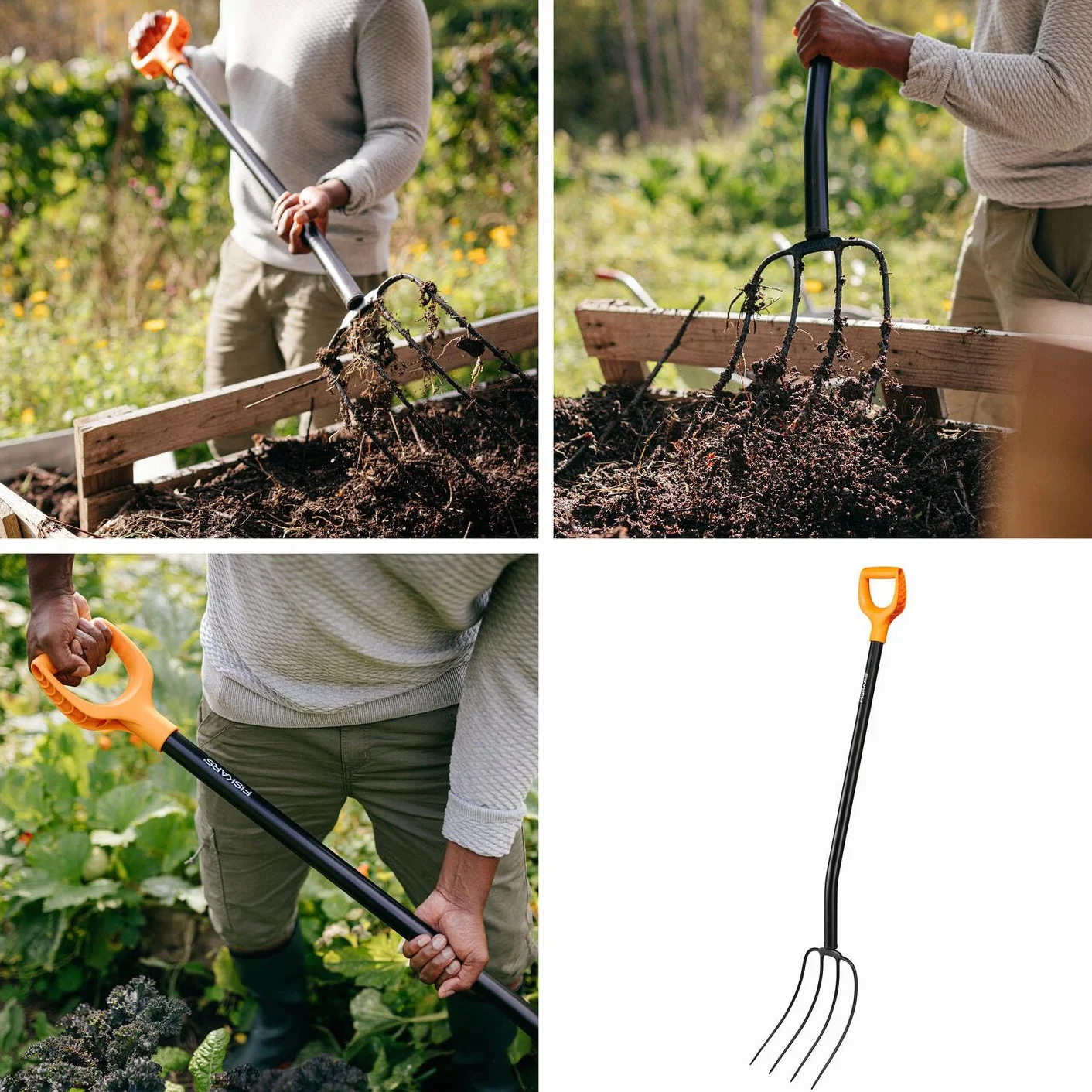Fiskars Horca para compostar con 4 púas, Longitud: 126 cm, Púas de acero de calidad/Mango de plástico reforzado con fibra de vidrio, Negro/Naranja, Solid, 1070674