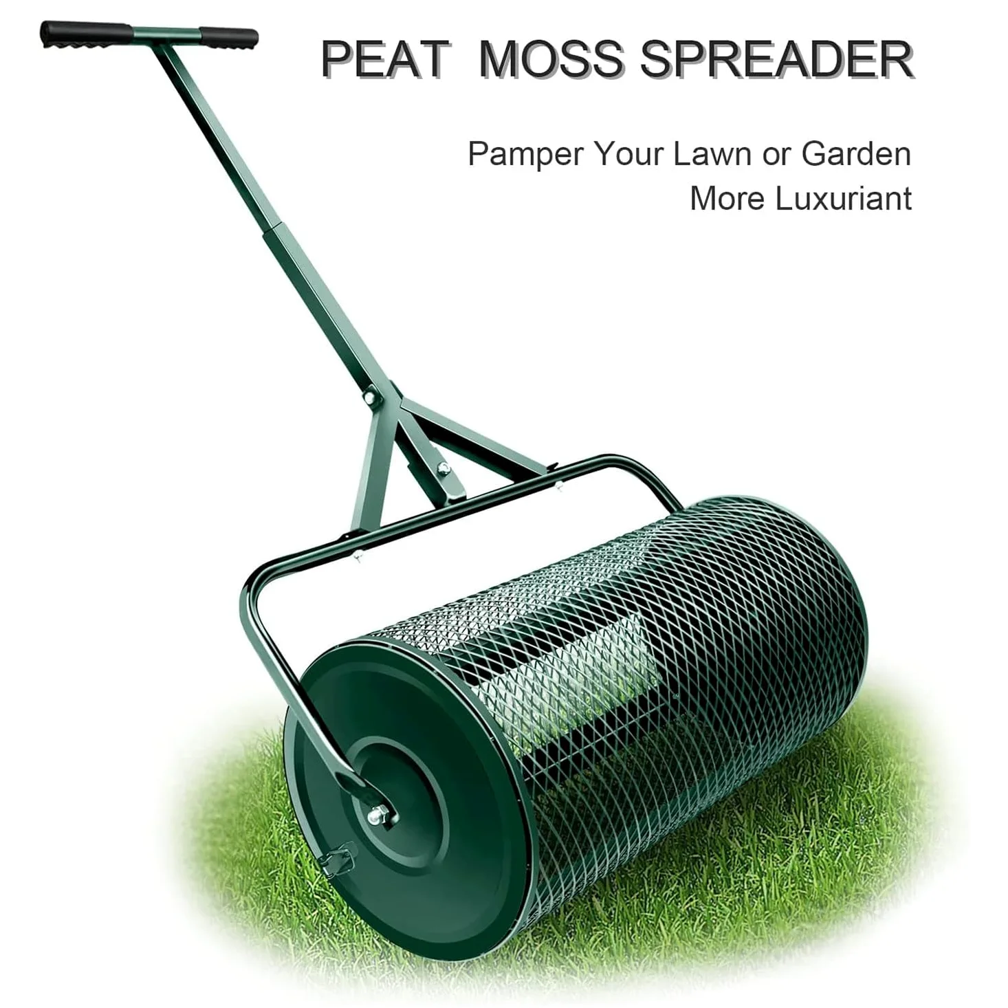 Esparcidor de turba, esparcidor de abono de 24”, esparcidor de turba, esparcidor de abono para césped y jardín con Mango Ajustable en Forma de T para Plantar y sembrar, Verde