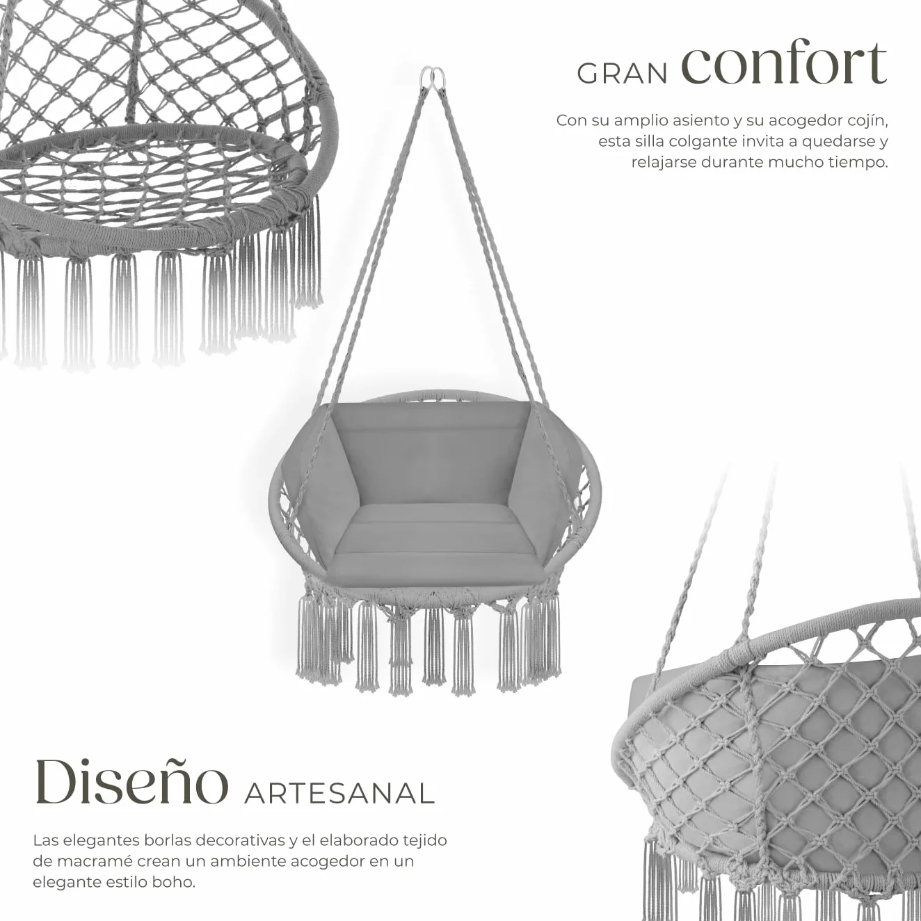 tectake® Columpio Jardín Exterior, Silla Colgante con Cojín Grande y Mullido, Sillón Balancín con Estructura Estable de Acero, Hamaca Colgante para Interior y Exterior, Trenzado en Algodón - Gris