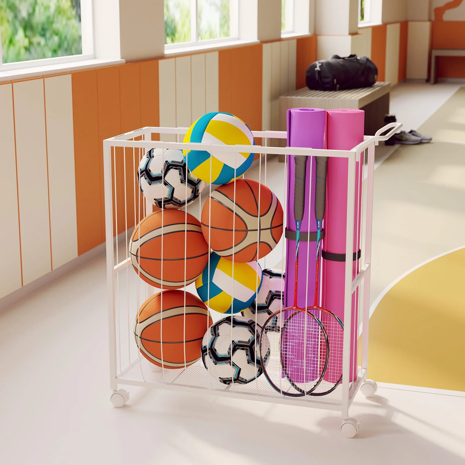 Homsorout Cesta de almacenamiento de bolas, carrito deportivo organizador de metal para garaje y gimnasio