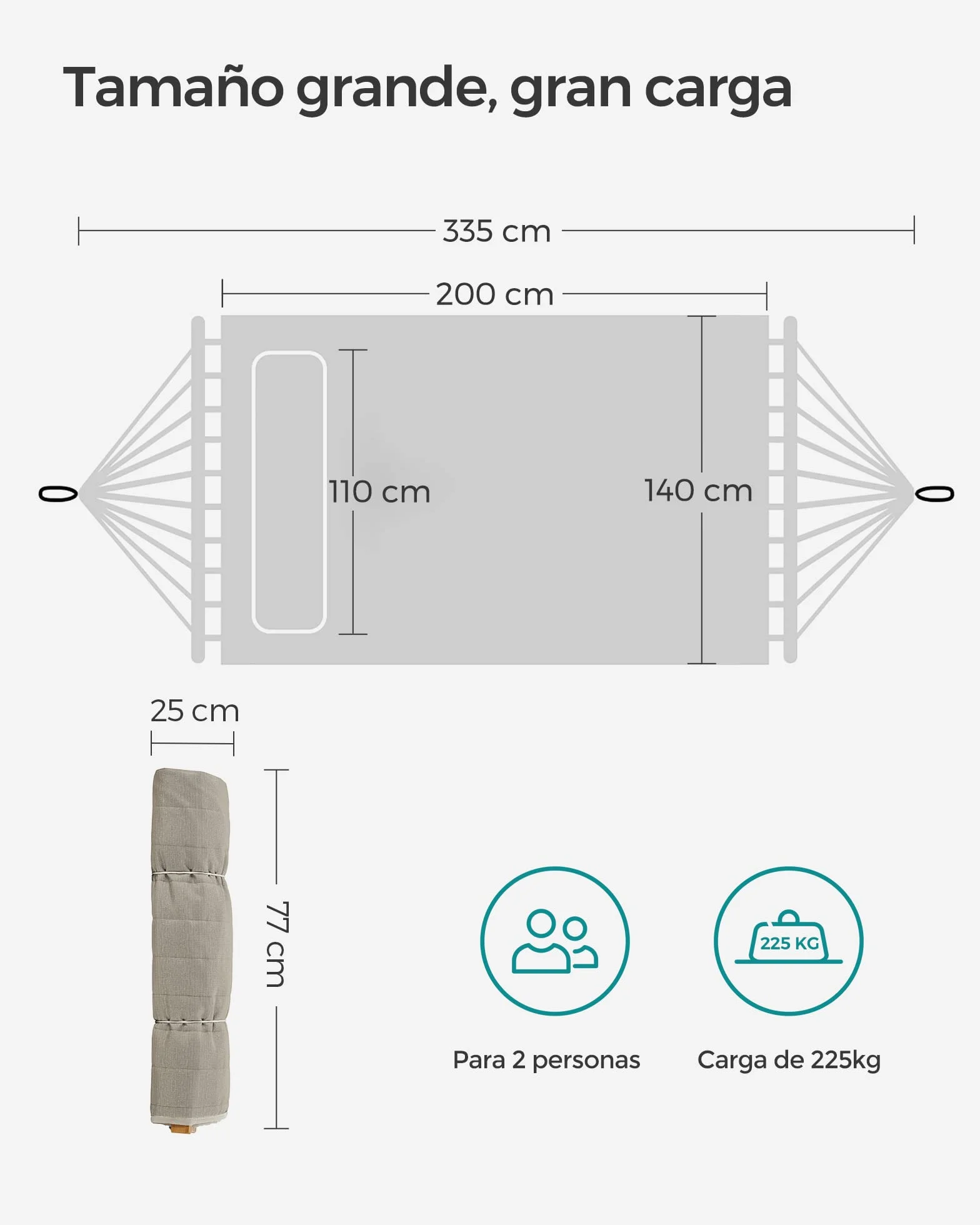 SONGMICS Hamaca Doble Tapizada, Hamaca de Jardín con Barras Curvas de Bambú Separables, con Cojín, para Camping, 200 x 140 cm, Carga de 225 kg, Crema y Beige GDC34BE