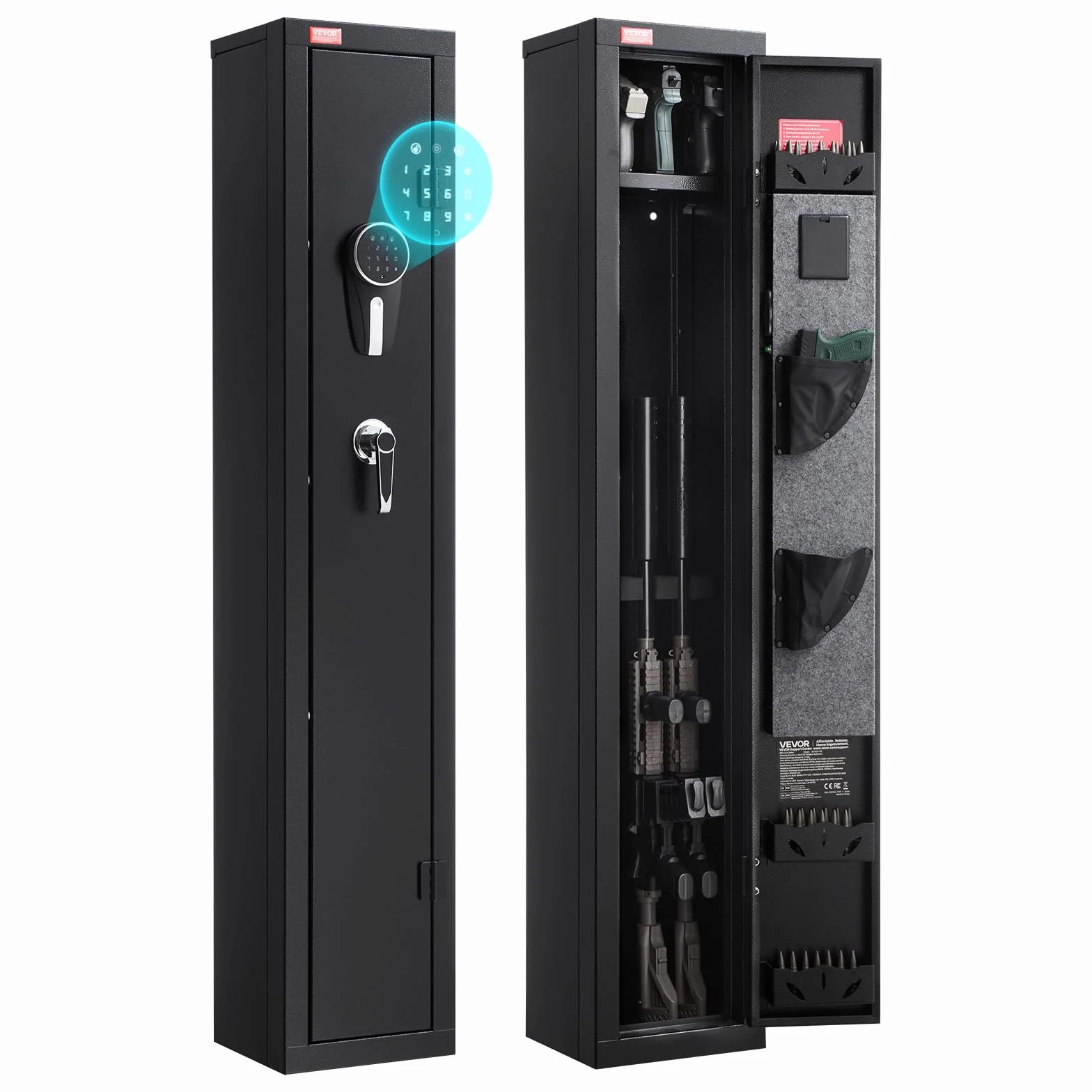 VEVOR Armario para Armas Largas, Caja Fuerte para Rifles con Teclado Digital y Llave, Iluminación LED, Soportes Ajustables, 250 x 220 x 1335 mm