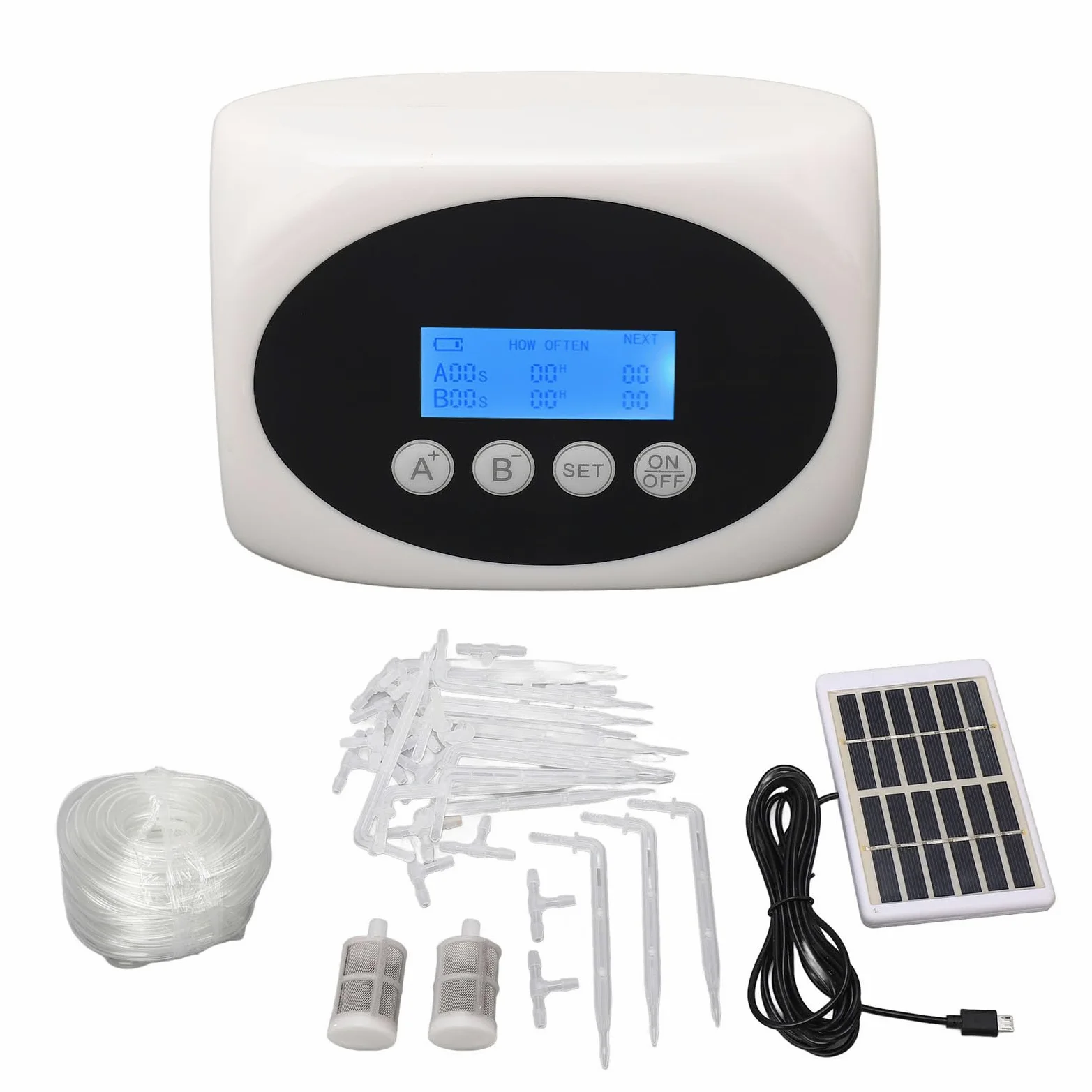 SENECESLI Kit de Riego por Goteo Automático Solar, Bomba de Agua Dual Eficiente para Plantas de Interior, Jardín, Pantalla LCD con Energía Solar USB para Jardinería Doméstica