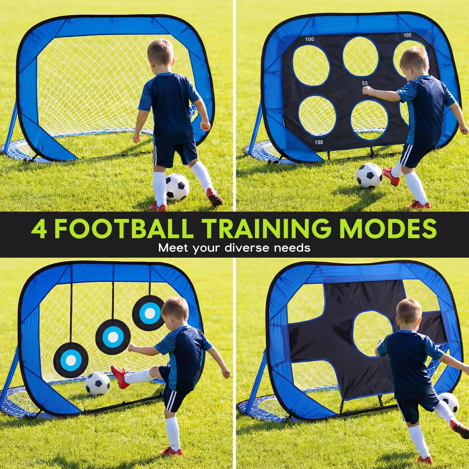 Portería de Fútbol 4 en 1 para Niños 120×80 cm con 2 Redes Intercambiables y 3 Dianas de Entrenamiento Pop Up Plegable