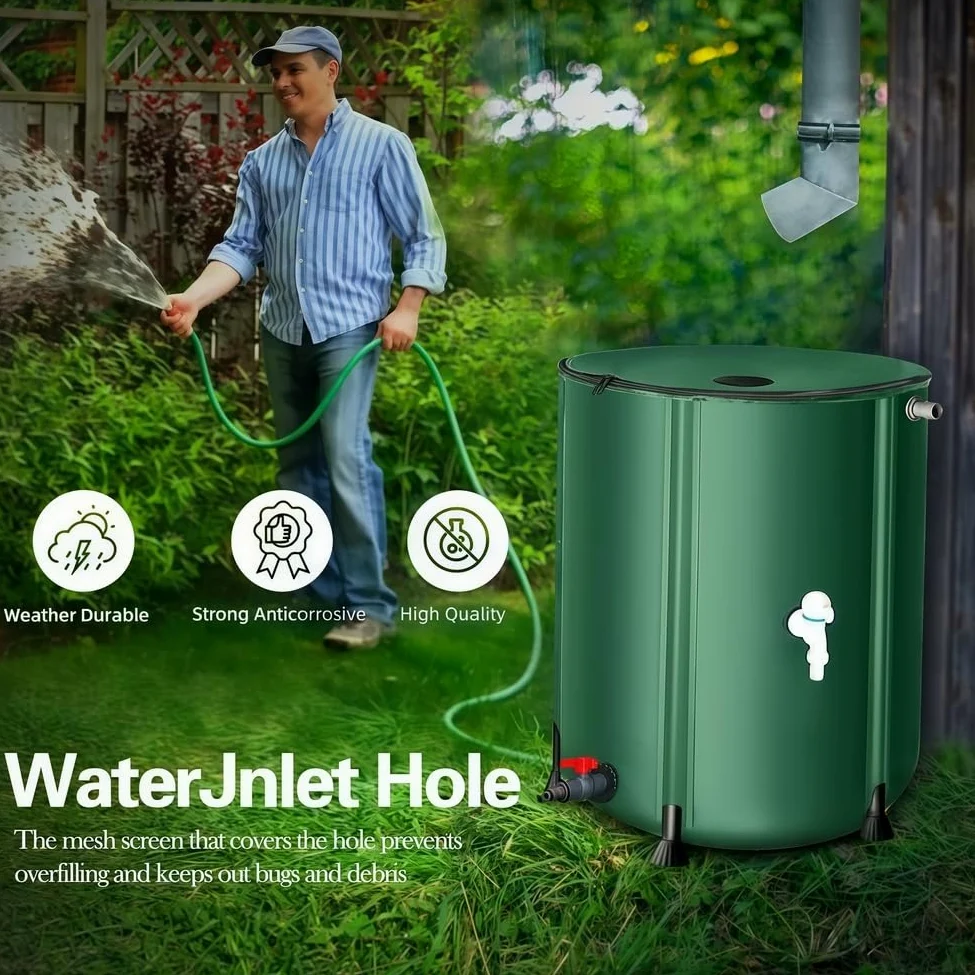 Colector de Agua de Lluvia portátil y Plegable. Tanque de Almacenamiento de Agua con Grifo para Manguera y canaleta. Solución de recolección de Agua de Lluvia para una recuperación