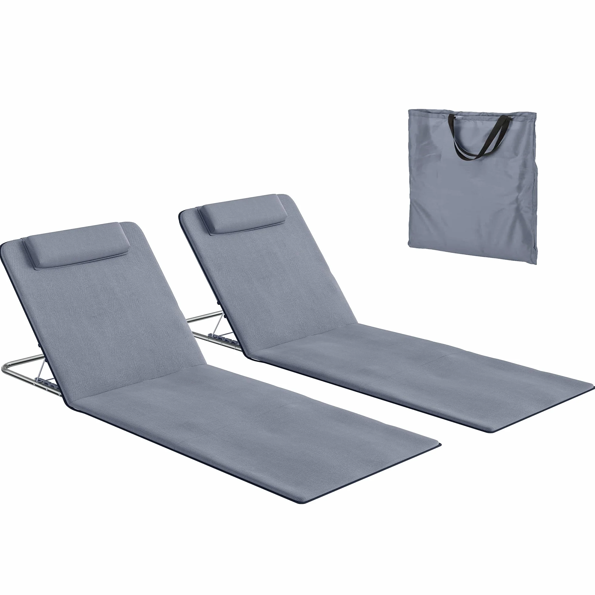 Outsunny Conjunto de 2 Esterillas de Playa Plegable Esterillas con Respaldo Reclinable en 5 Niveles Reposacabezas y Bolsa de Transporte 134x48x33-43 cm Gris