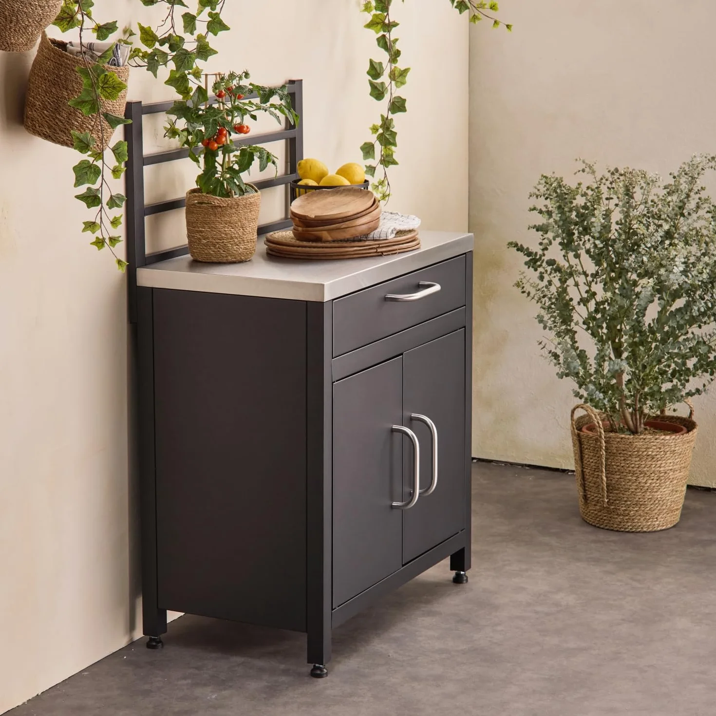 sweeek - Cocina exterior de acero 1 cajón y 2 puertas, 80cm, Grimaud, Negro, 54x80x124 cm