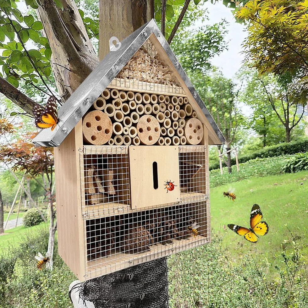 Hotel De Insectos para Exterior Colgar, Casa De Insectos De Madera para La Decoración del Jardín Arbol, Casita Insectos con Techo Metalico Y Gancho, para Abeja Mariposa Mariquitas Vivas Insectos