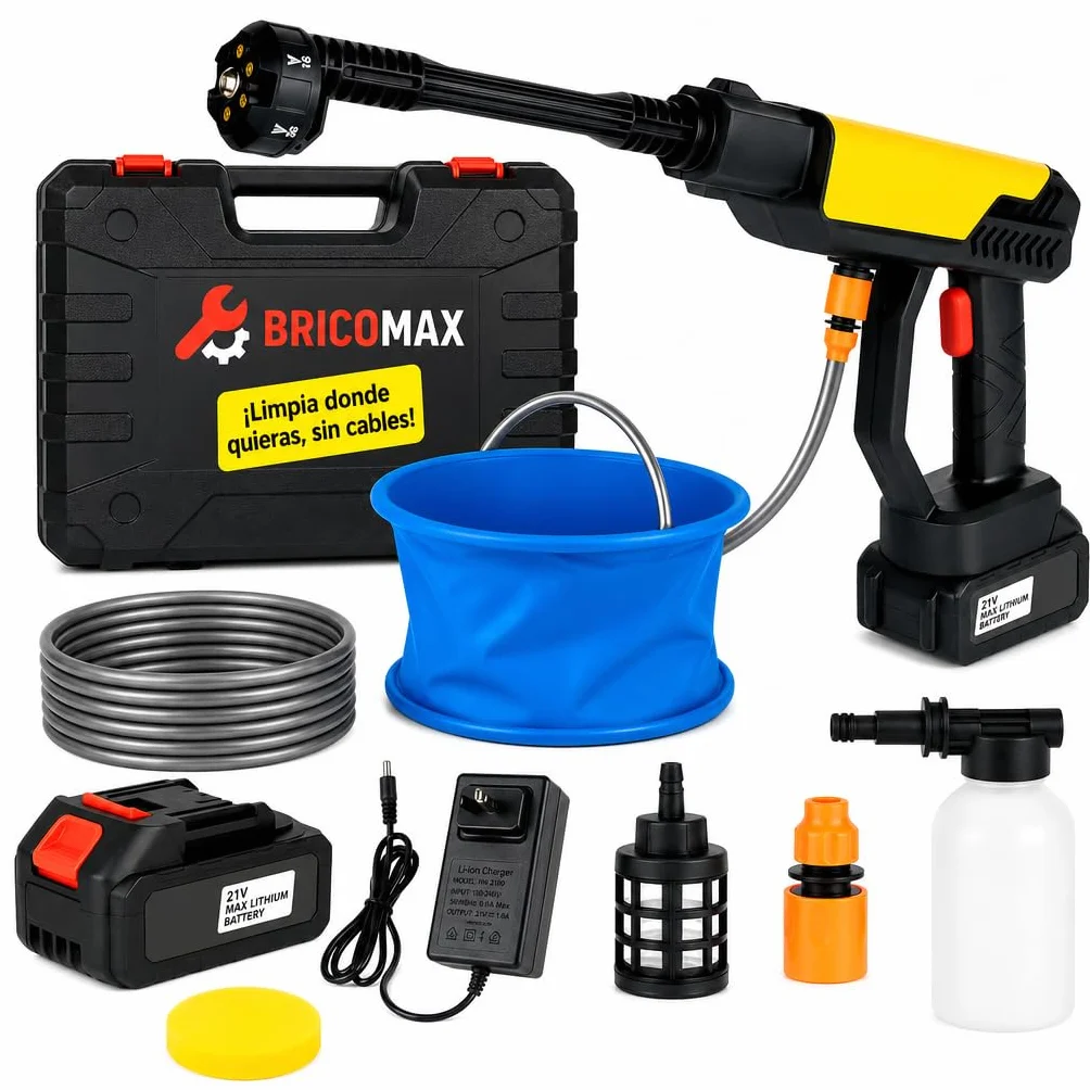 Hidrolimpiadora Batería Premium para Limpieza Alta PRESIÓN sin Cables 48V y Esponja - Pistola de Agua a Presión con Cubo Portátil - Hidrolavadora Portátil para el Coche, Jardín y Exteriores
