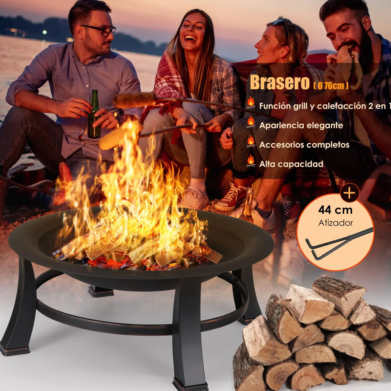 TLGREEN Brasero Exterieur Jardin, Ø 76 cm Pozo de Fuego con Protector de Chispas y Atizador, Brasero Barbacoa con Rejilla para Jardín y Terraza, Parrilla Brasero al Aire Libre de Aspecto Retro