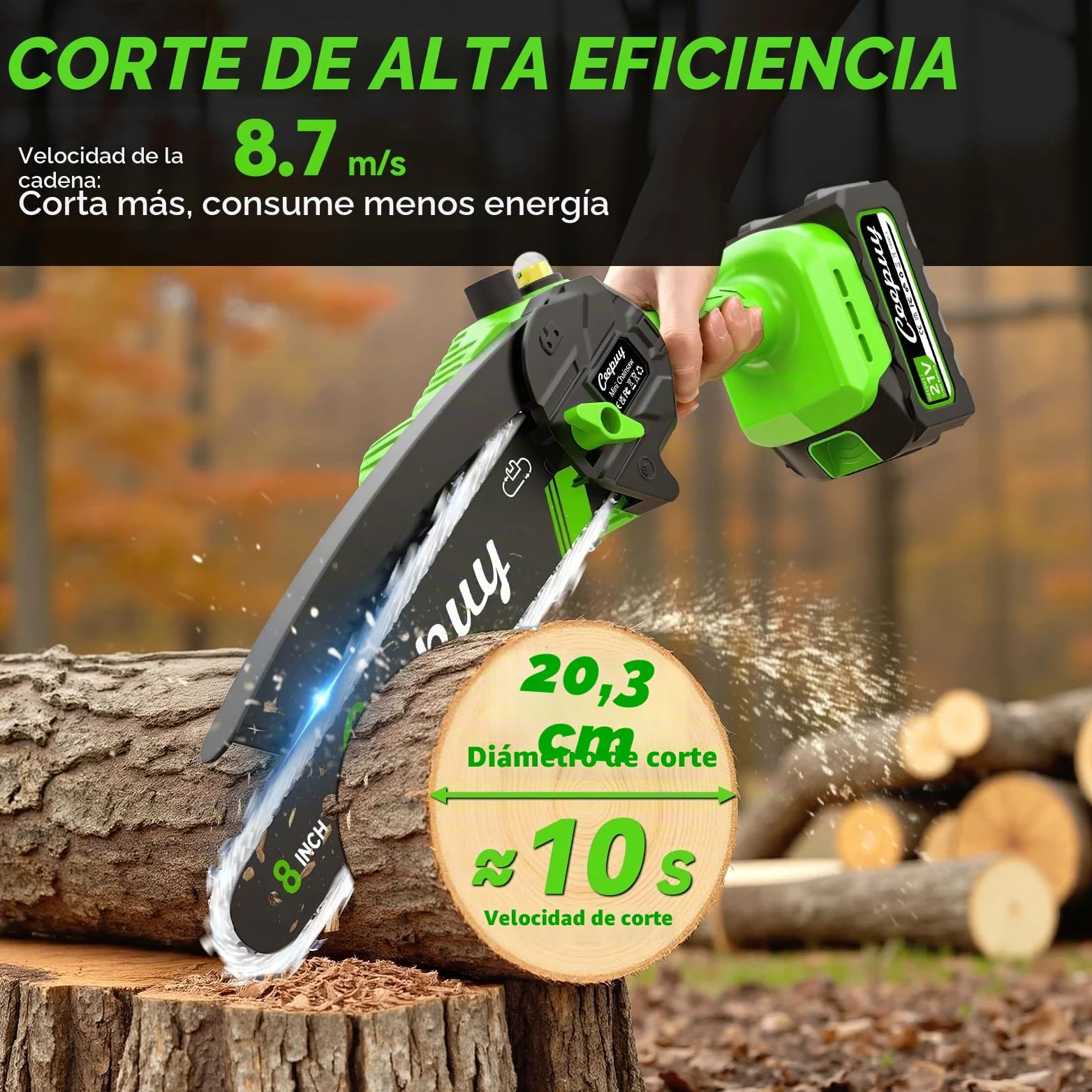 8 Pulgadas Mini Motosierra Inalámbrica 2x4000mAh Batería Sierra Eléctrica de Mano con Cadena Acero al Manganeso y Engrasador Automático Motosierra Pequeña Portátil para Podar Árboles y Cortar Madera