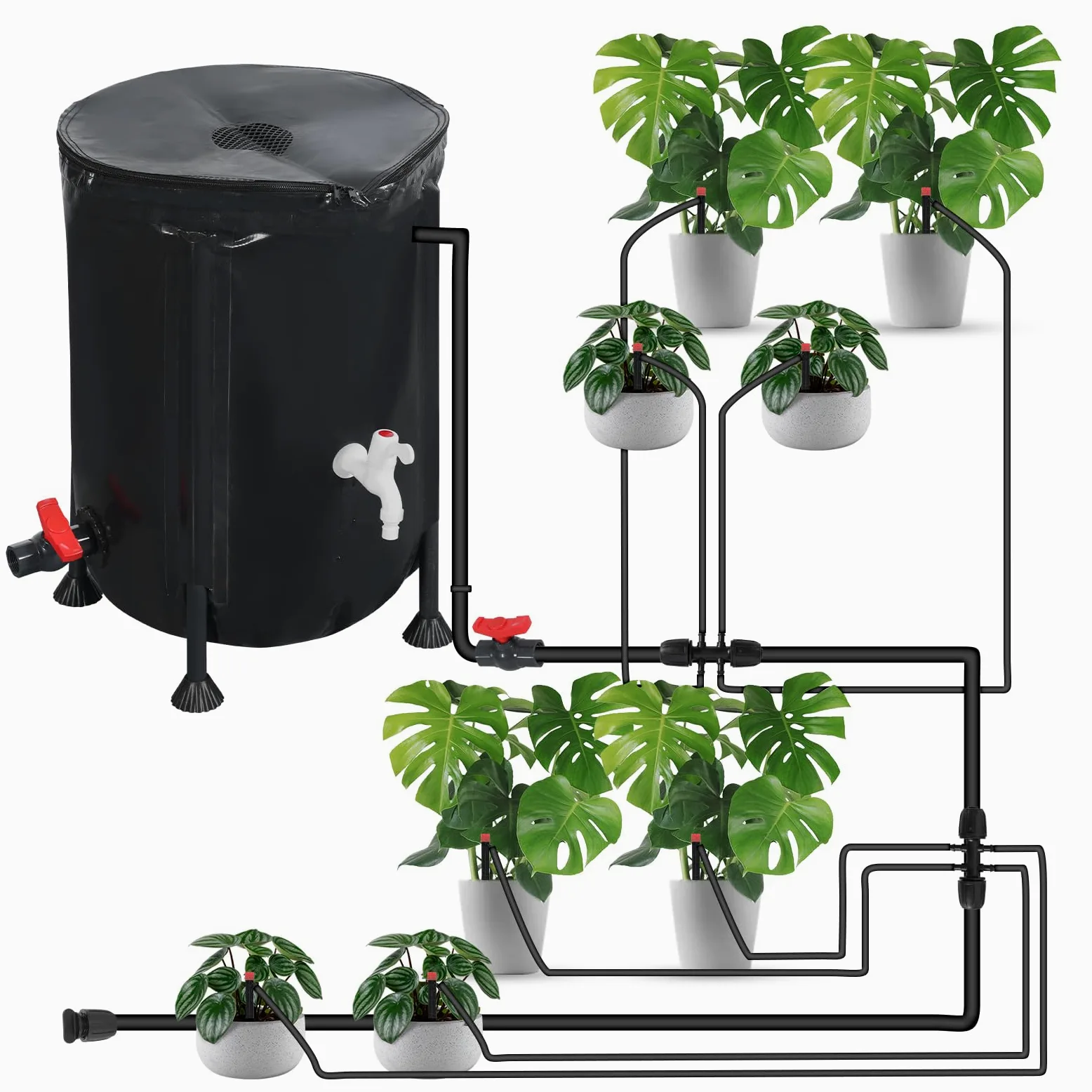 Sistema de riego automático, riego automático de 50 l, bomba de agua de 25 W y sensor de agua baja y 8 boquillas de goteo, sistema de riego de jardín para interiores, césped, invernadero, patio