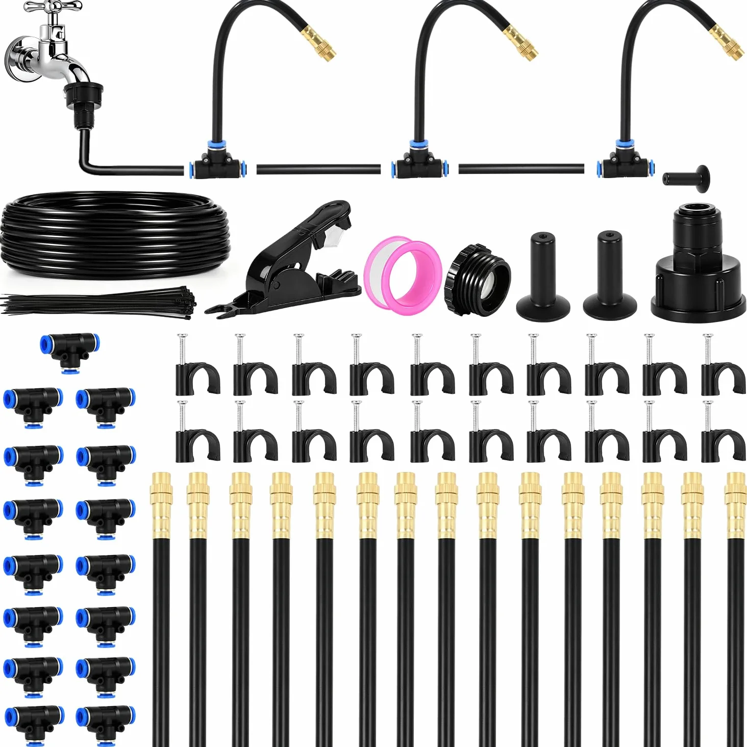 Kit de sistema de riego por goteo ajustable de 360°, sistema de riego de jardín de 50 pies con 15 boquillas de cobre, aspersor automático para patio, jardín, césped, cama elevada, invernadero y