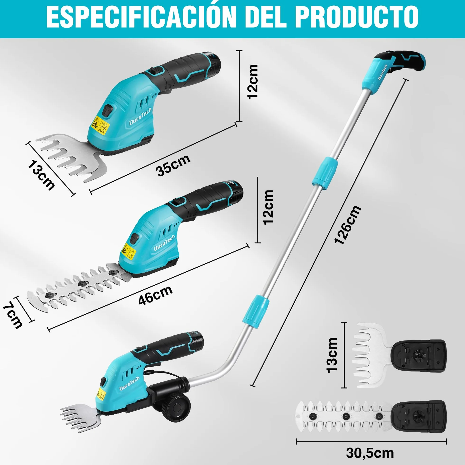 DURATECH 12V Tijera Cortacésped y Arreglasetos 2 en 1, Tijeras Eléctricos de Jardín con Alargador, Batería y Cargador, Cortasetos Eléctrico para Césped y Arbustos, para Jardinería