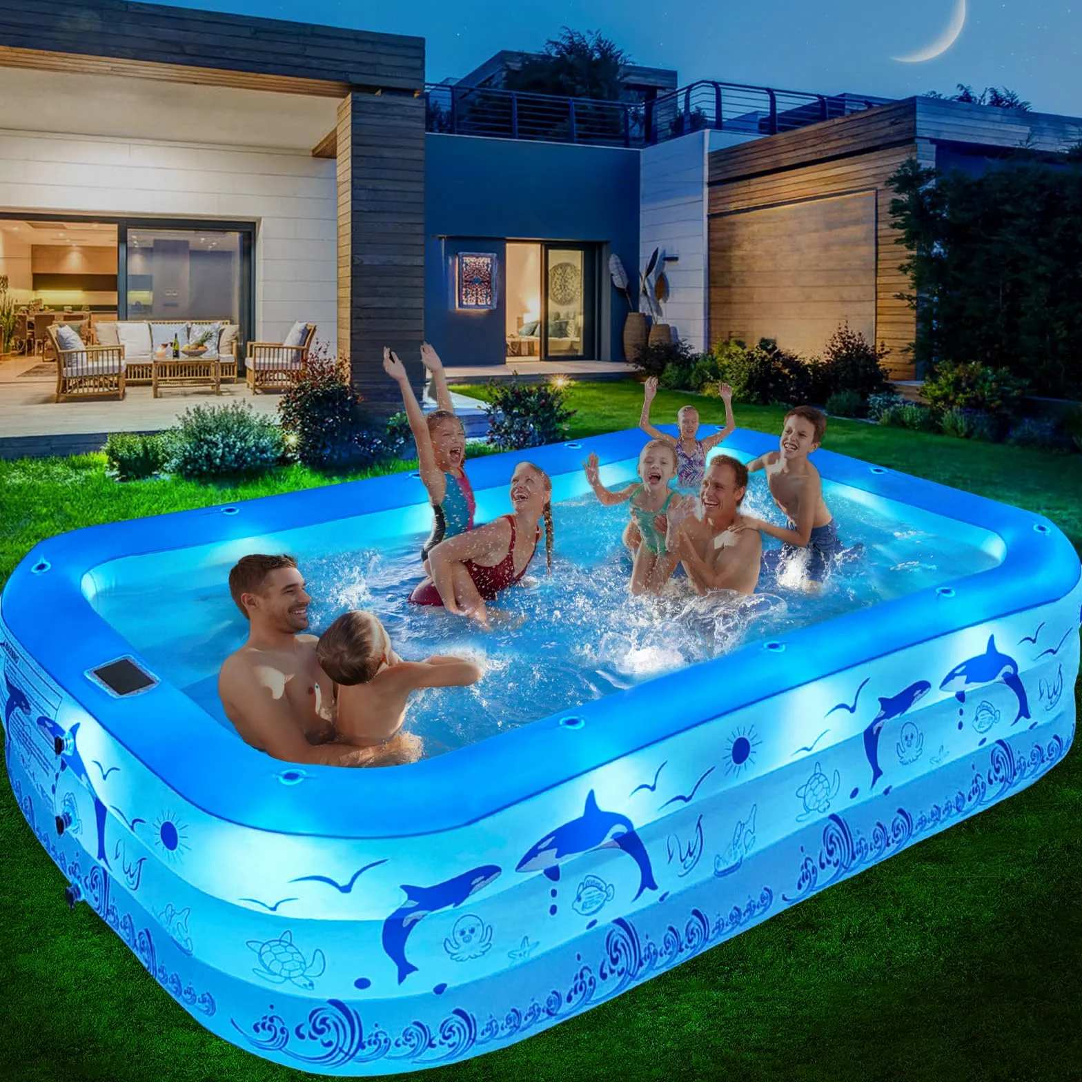 LanOcean Piscina Hinchable Adultos con Luces, Solar Grandes Piscinas Hinchables Rectangular con 12 Modo de Iluminación, 240x150x55CM Piscina Hinchable Infantil, Piscinas Hinchables para Jardin Terraza