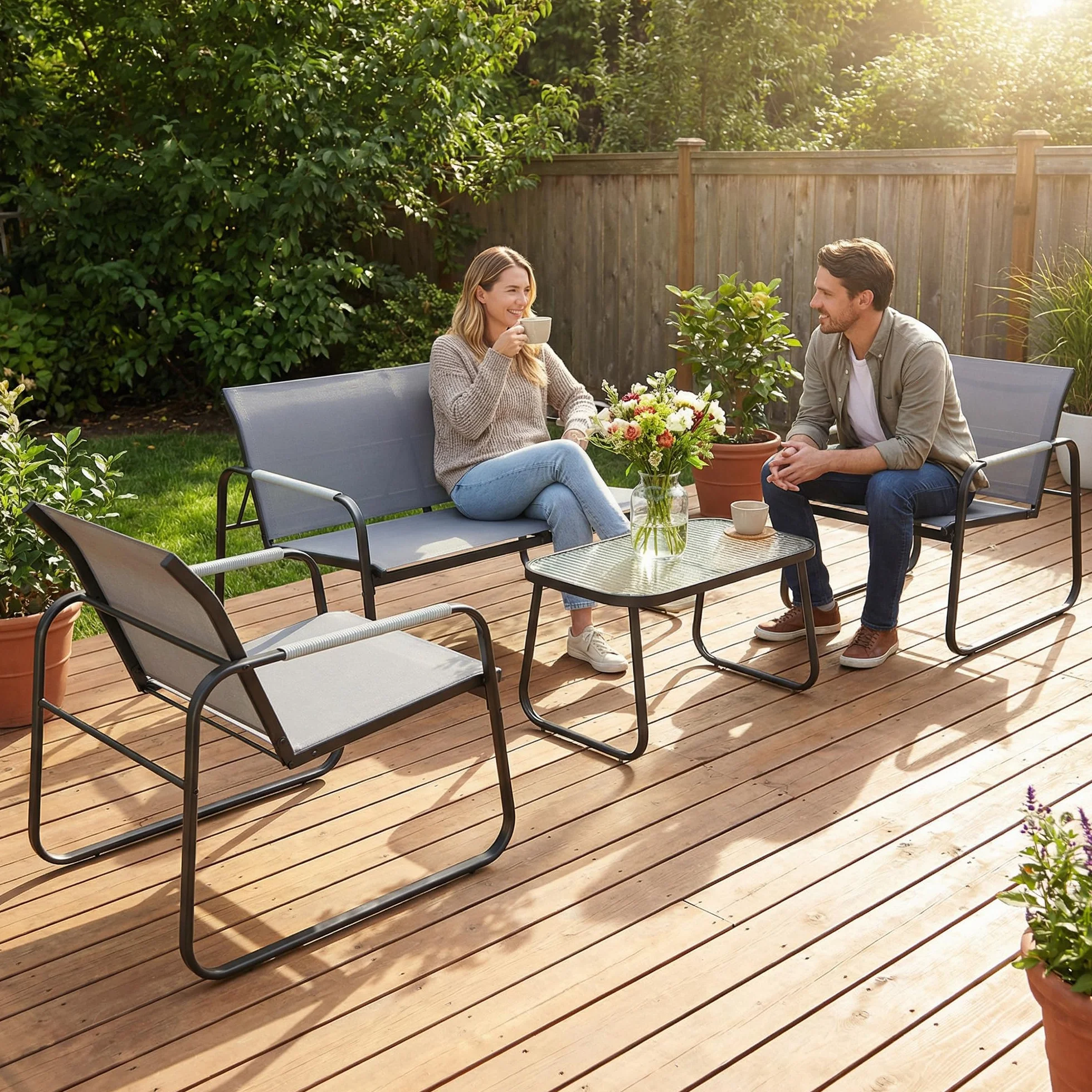 Outsunny Conjunto de Jardín Exterior de 4 Piezas, Muebles Jardín Exterior con 1 Sofá de 2 Plazas, 2 Sillones y Mesa de Vidrio Templado, Estructura de Acero y Textilene Transpirable, Gris