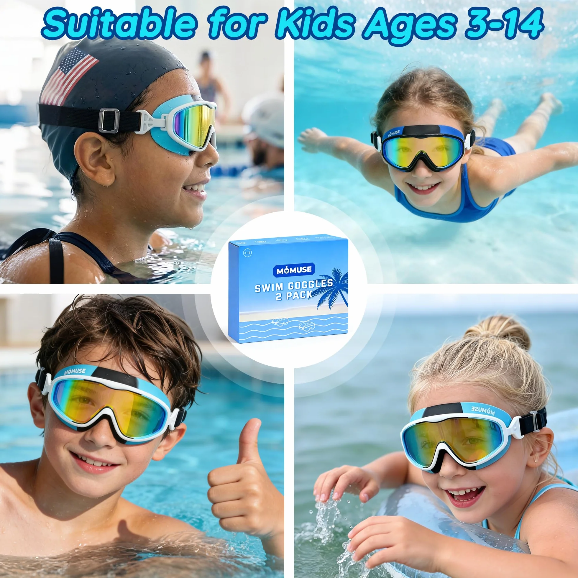 MOMUSE Gafas Piscina Niños 2PCS, Protección UV Antifog, Gafas Buceo Niño Anti Fugas