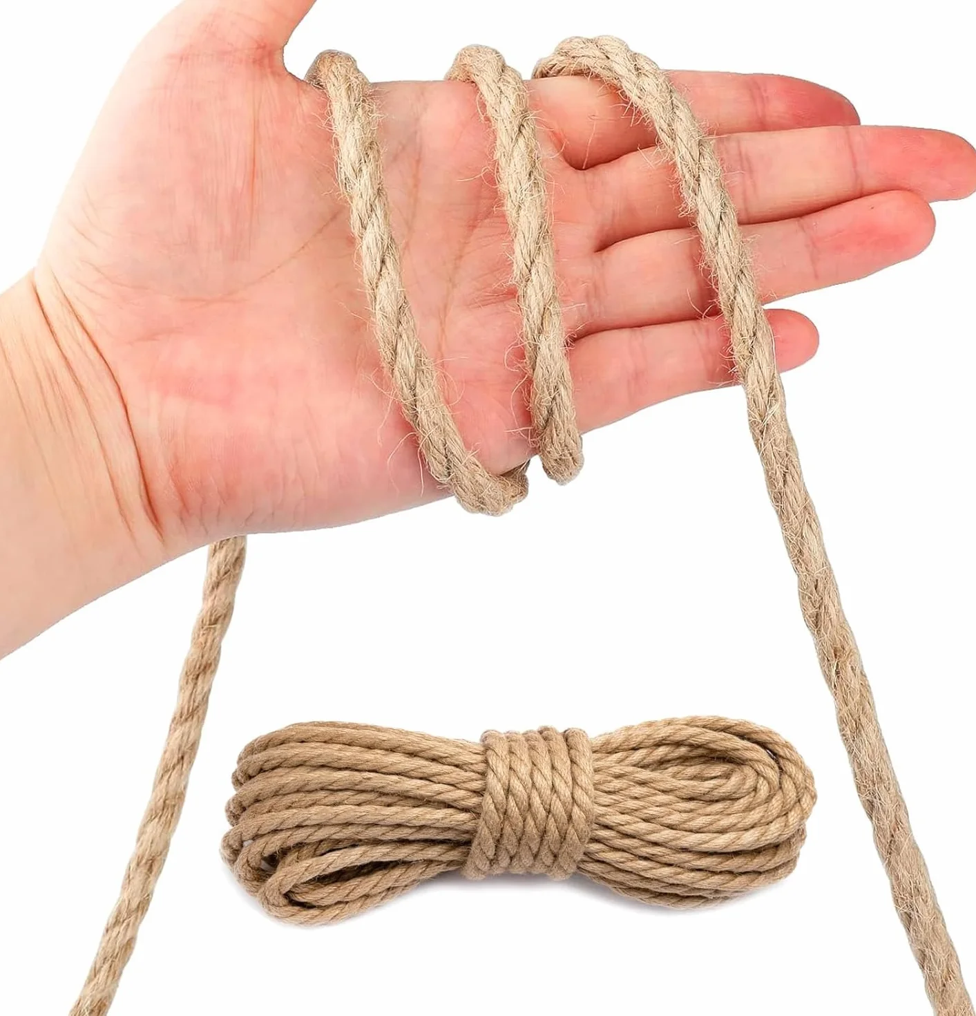Cuerda de Yute y Cáñamo Natural, 14mm x 15m, Gruesa para Rascador de Gatos, Artesanía, Embalaje y Decoración