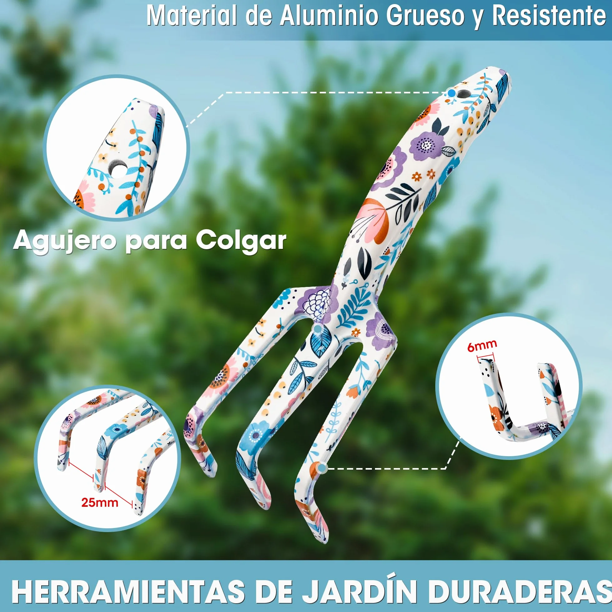 WORKPRO Herramientas Jardineria 4PC, Juego de Herramientas para Jardín con Rastrillo, Pala de Mano, Tijeras de Podar, Guantes, Estampado Floral