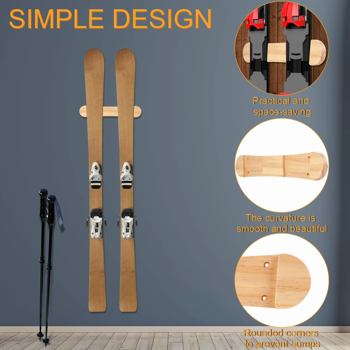 PEUTIER Portaesquís de Madera Minimalista, Colgador de Pared para Snowboard Estante de Exhibición