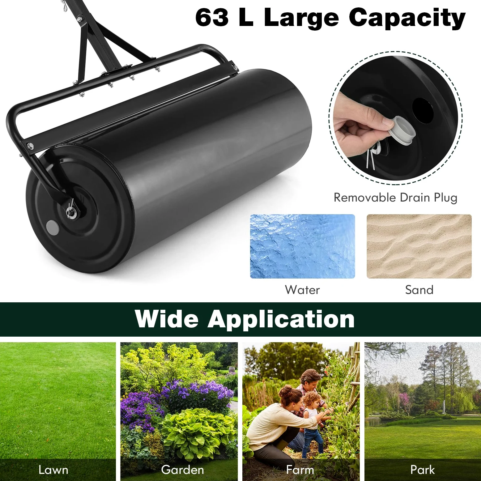 Rodillo para césped de jardín de 48L/60L/63L, Herramienta de Empuje de Gran Capacidad para césped, Tambor Resistente y desagüe extraíble, se Puede llenar con Agua o Arena, Acero galvanizado