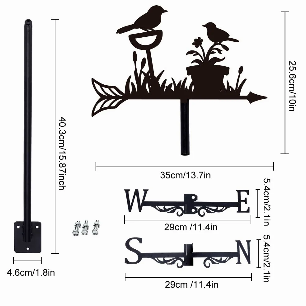 SUPERDANT Veleta para pájaros, maceta, para techo, color negro, para cobertizos, indicador de dirección del viento de metal para decoración de jardín de granja