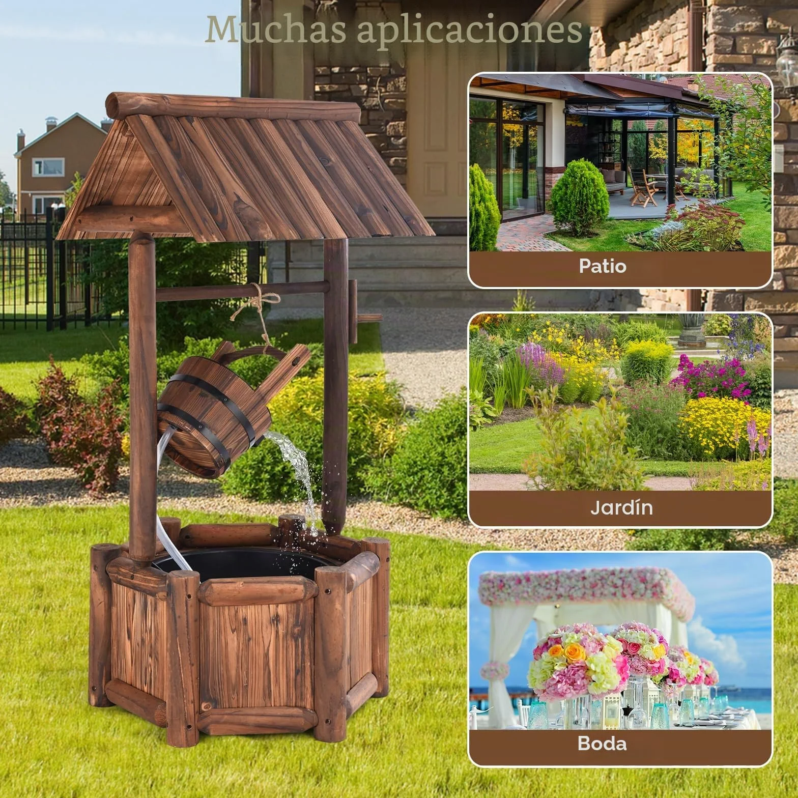 RELAX4LIFE Fuente de Jardín de Madera con Bomba Eléctrica 300L/H, Pozo Decorativa con Control del Caudal de Agua para Jardín, Balcón, Patio, 58,5×56×117cm, Marrón