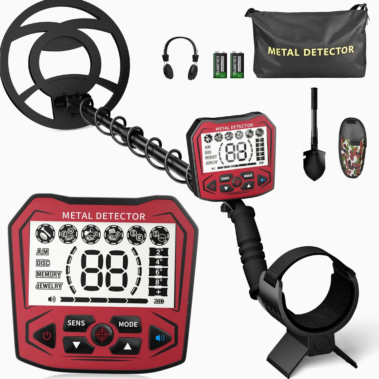 Detector de Metales Profesional para Adultos y niños, Chip antiinterferencias, Resistente al Agua IP68, soporta batería y alimentación USB, 5 Modos de detección (Rojo)