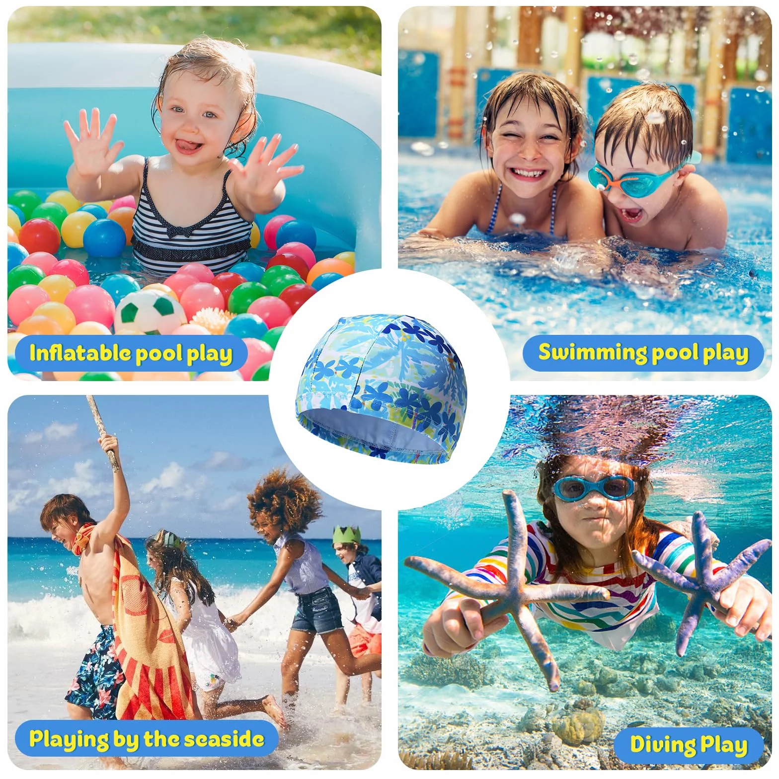 Gorro Natación Niños Niñas 1-8 Años Unisex Infantil Tejido Elástico Suave Resistente Protege Cabello Orejas Agua Pack 4