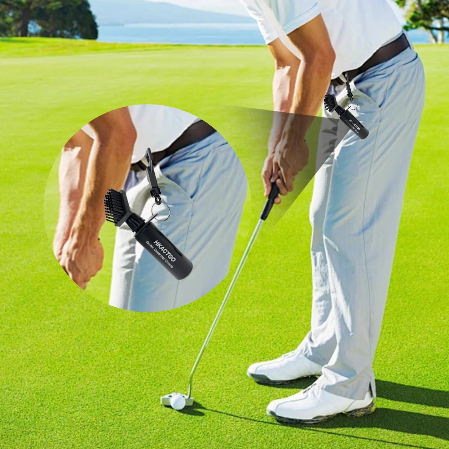 Limpiador de cepillos para palos de golf con clip y botella 7.5 pulgadas 4 oz