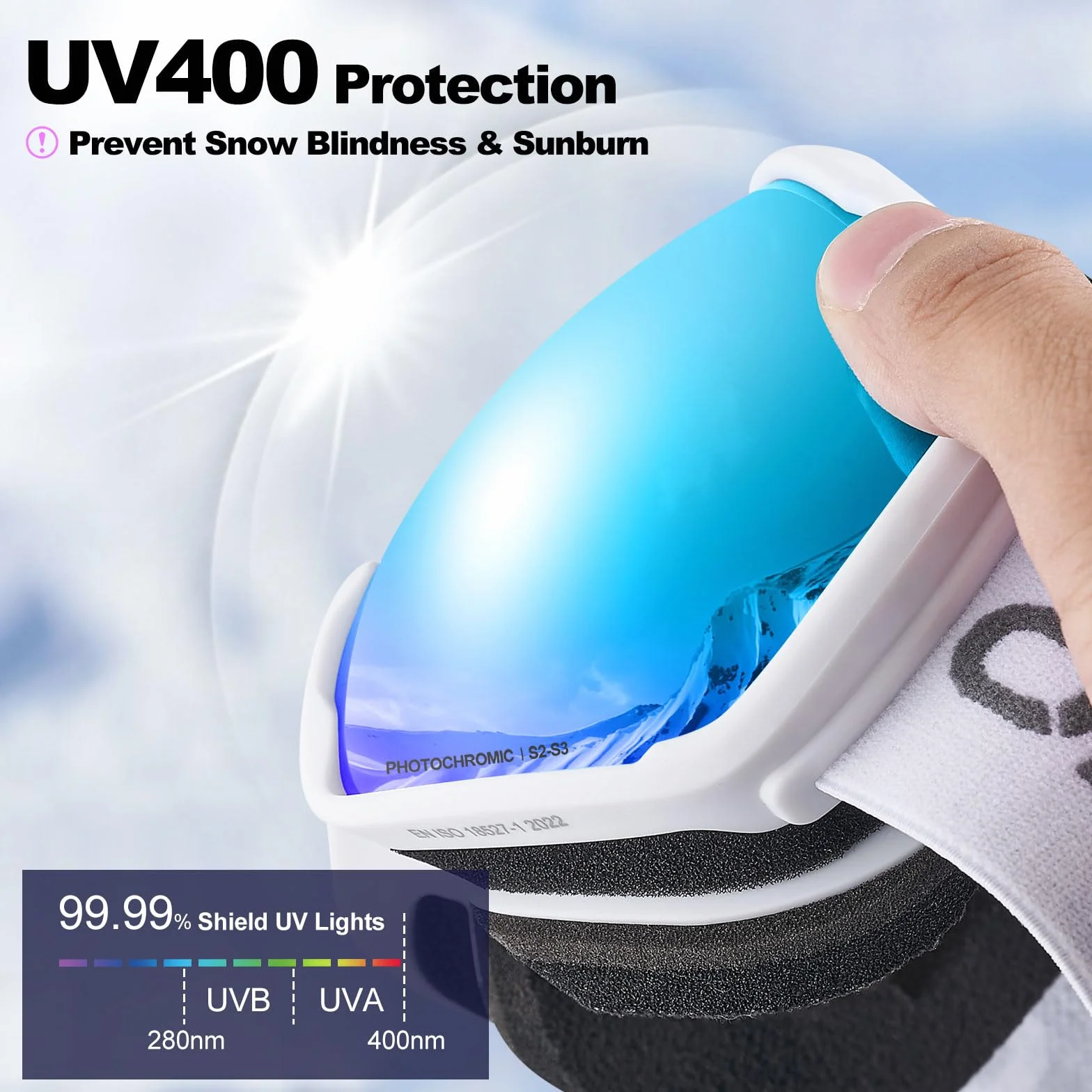 Odoland Gafas de Esquí Fotocromáticas Antiempañamiento Protección UV Hombres Mujeres Adultos
