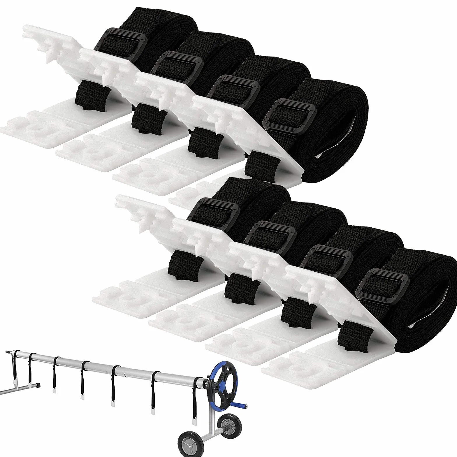 Kit de fijación de Carrete de Cubierta Solar, para Piscina, para Piscina, con Correas de fijación de Rodillos, Kit de cinturón para Piscina de Tierra, Incluye 8 Correas de Nailon Adhesivas y pestañas