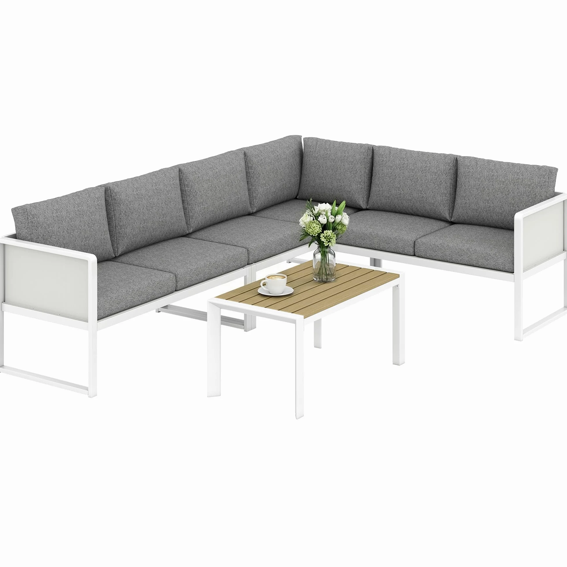 Outsunny Conjunto de Muebles Jardín Exterior 4 Piezas Sofá Seccional Forma L Textilene Mesa Efecto Madera WPC Cojines Gris Claro Blanco
