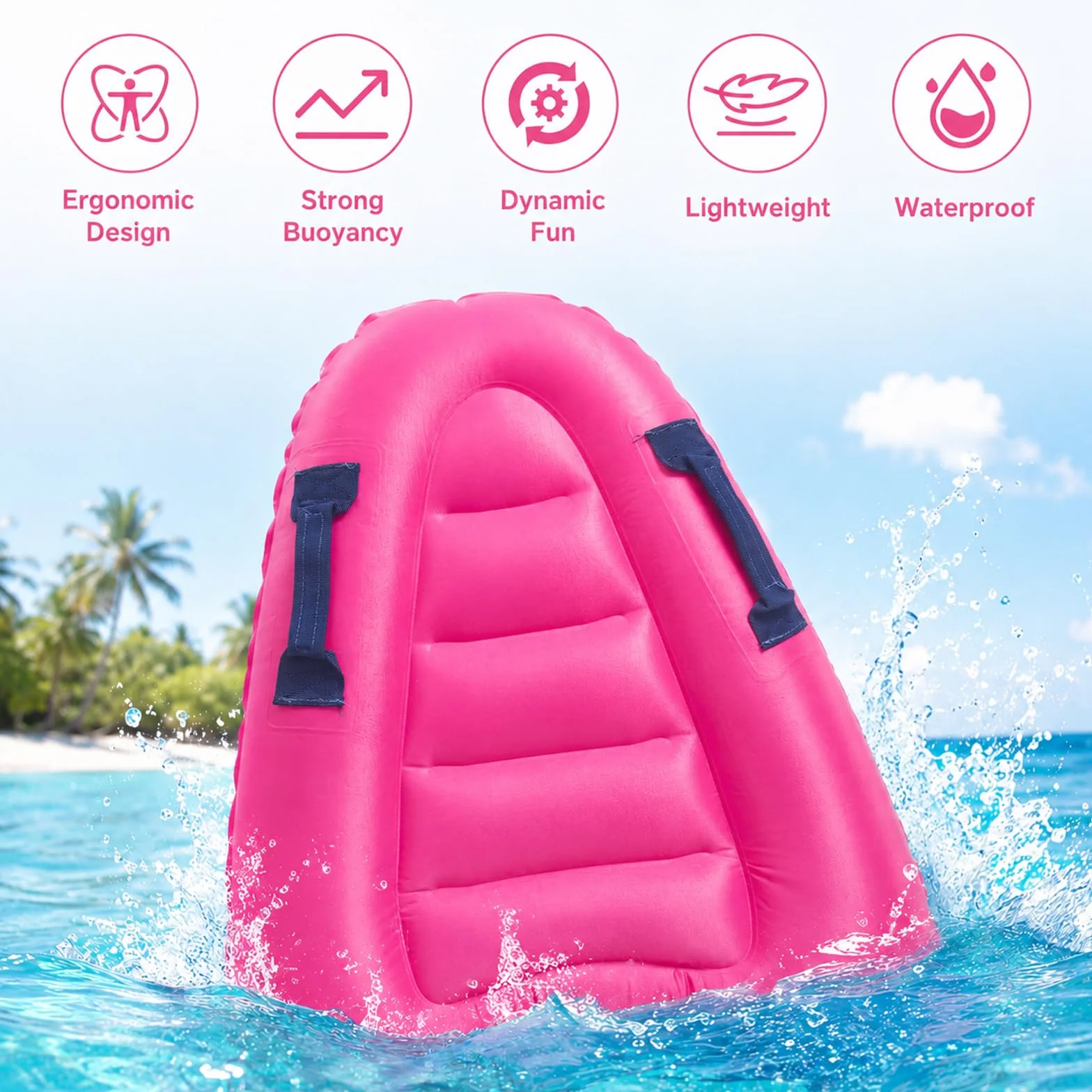 Tabla de Bodyboard Inflable Portátil Ligera con Asas Flotante para Natación Piscina (Rose Pink)