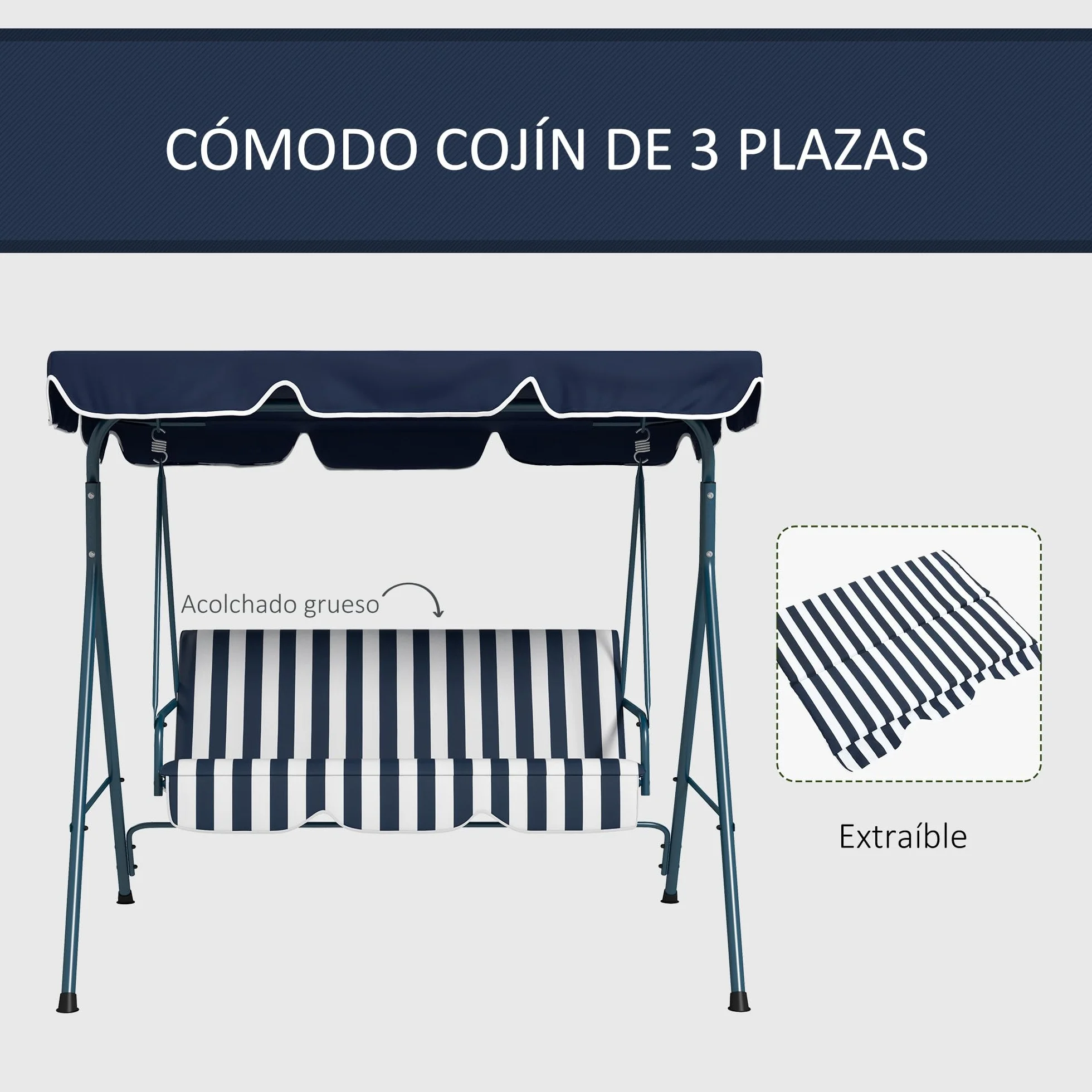 Outsunny Columpio de Jardín Exterior de 3 Plazas, Balancín de Jardín Exterior con Techo Ajustable y Marco de Acero, para Balcón, Terraza, Patio, Carga 240 kg, 172x110x153 cm, Raya Azul