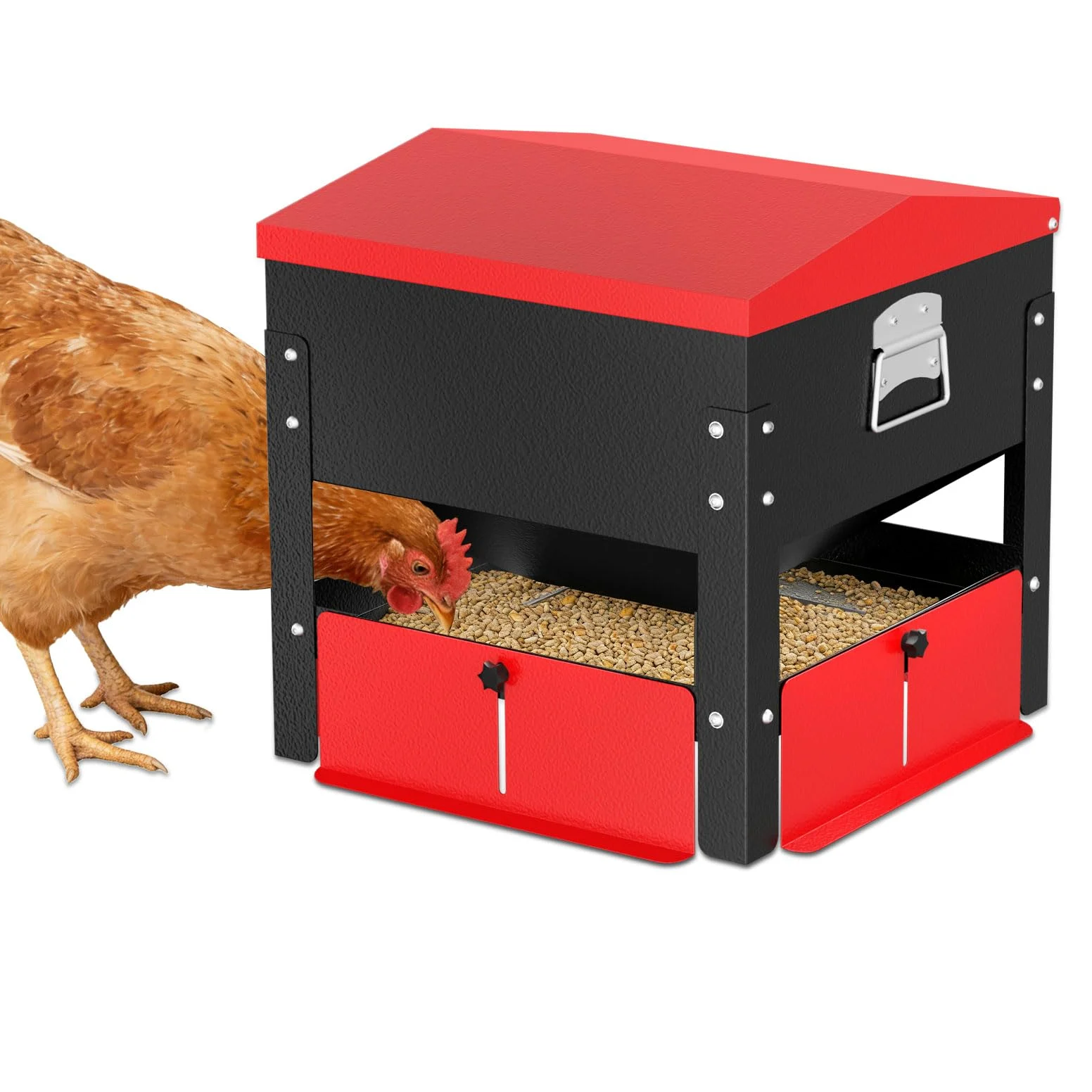 Comedero automático de pollo de 100 libras, acero galvanizado, resistente a la intemperie y tapa segura, comedero de aves de corral de gran capacidad para uso en exteriores, caja de alimentación sin