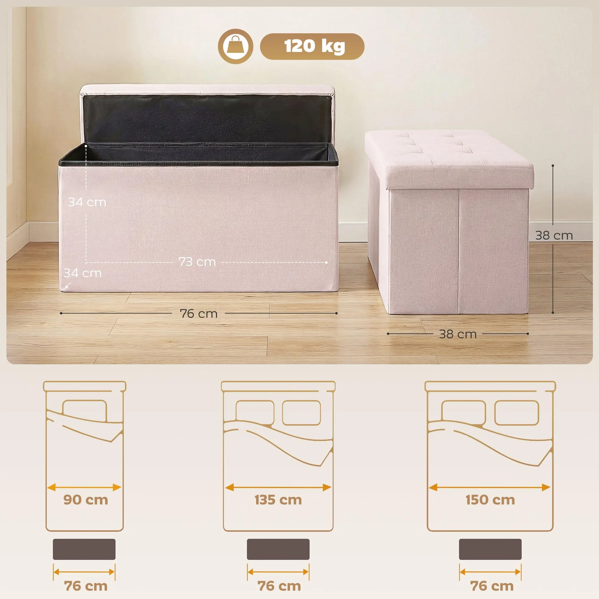 HOMCOM Puff Almacenaje, Banco Almacenaje Plegable, 84 L, 76x38x38 cm, Tapizado en Lino Sintético, Baúl de Almacenamiento, Carga 120 kg, Taburete para Sala de Estar, Dormitorio, Entrada, Rosa