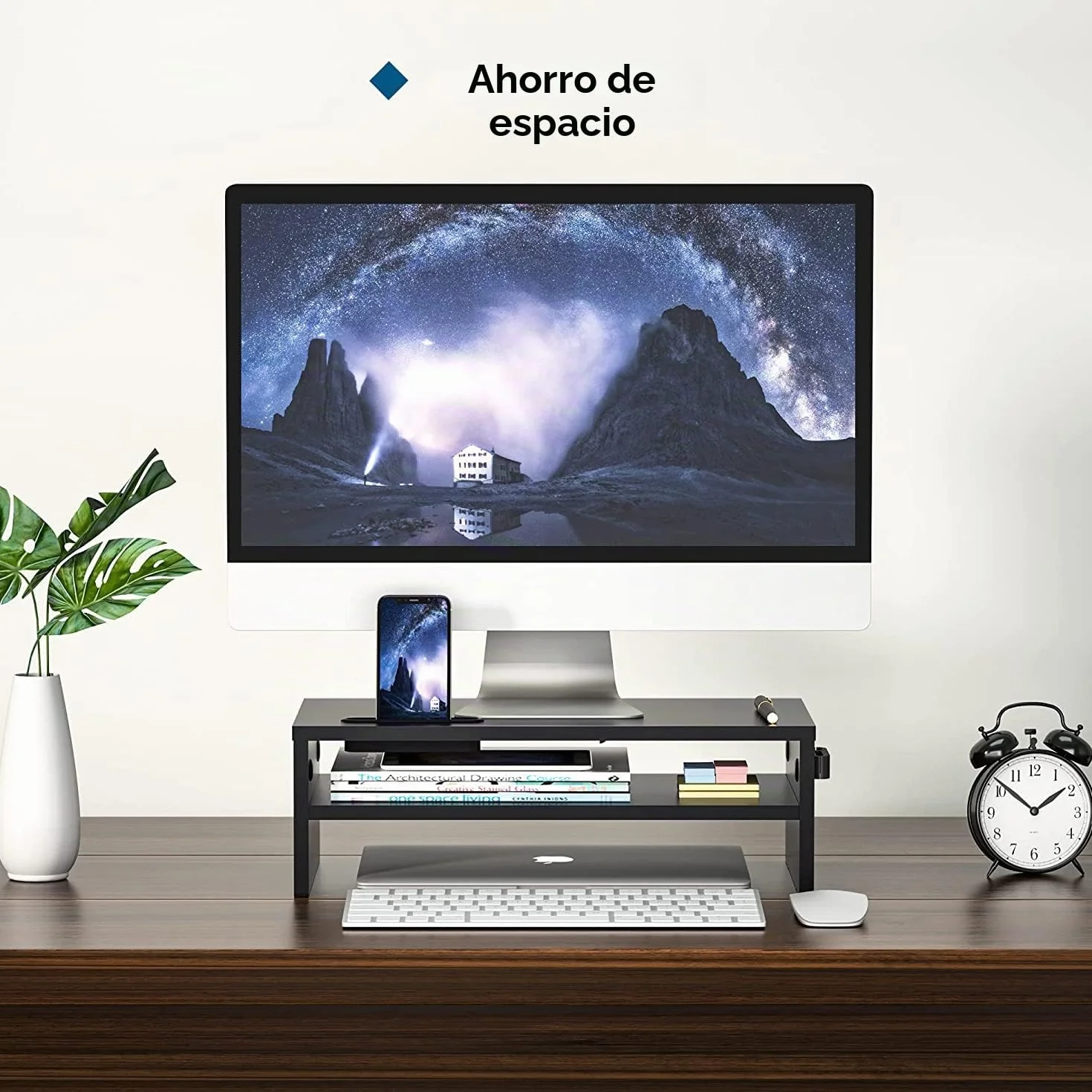 BONTEC Elevador Monitor Escritorio Madera, Soporte 2 Niveles Gestión Cables Ranura Móvil, 30 kg, Negro 420x235x142mm