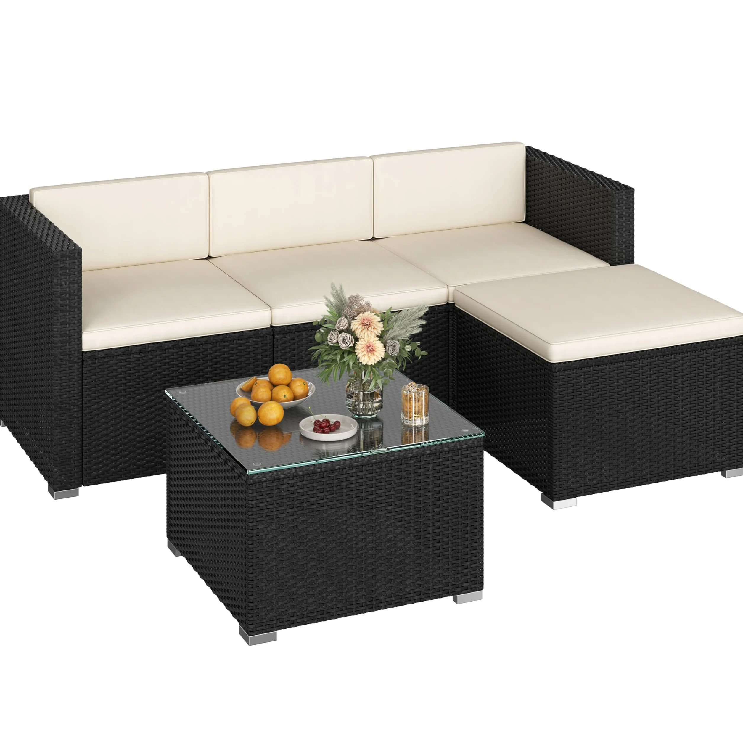 Yaheetech Conjunto de Muebles Ratán de Jardín 5 Piezas con Cojines, 3 Plazas Sofá 1 Taburete y 1 Mesa de Café de Cristal (Negro/Beige)