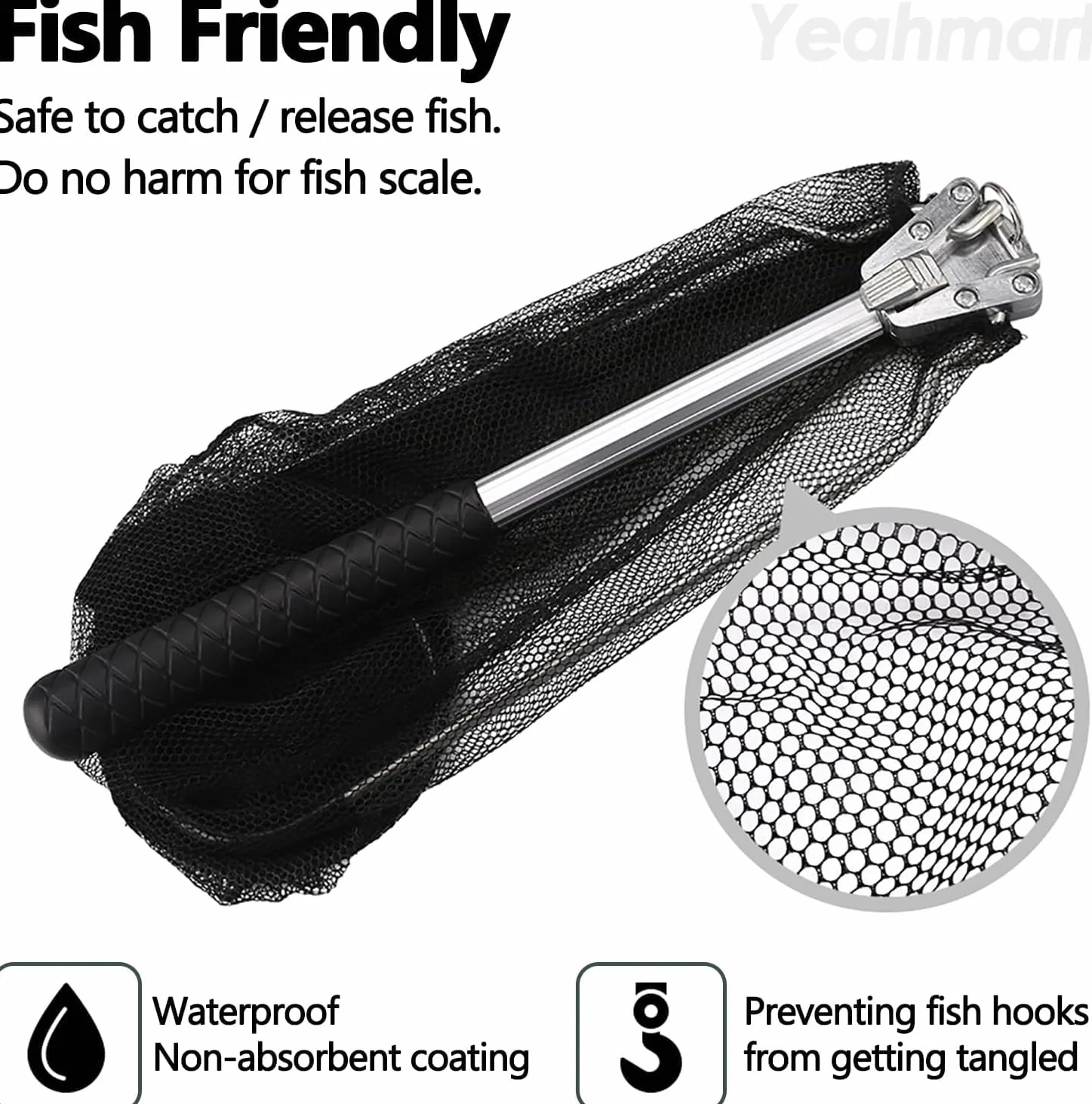 Red de Pesca Plegable Negra 51cm Sacadera para Adultos y Niños