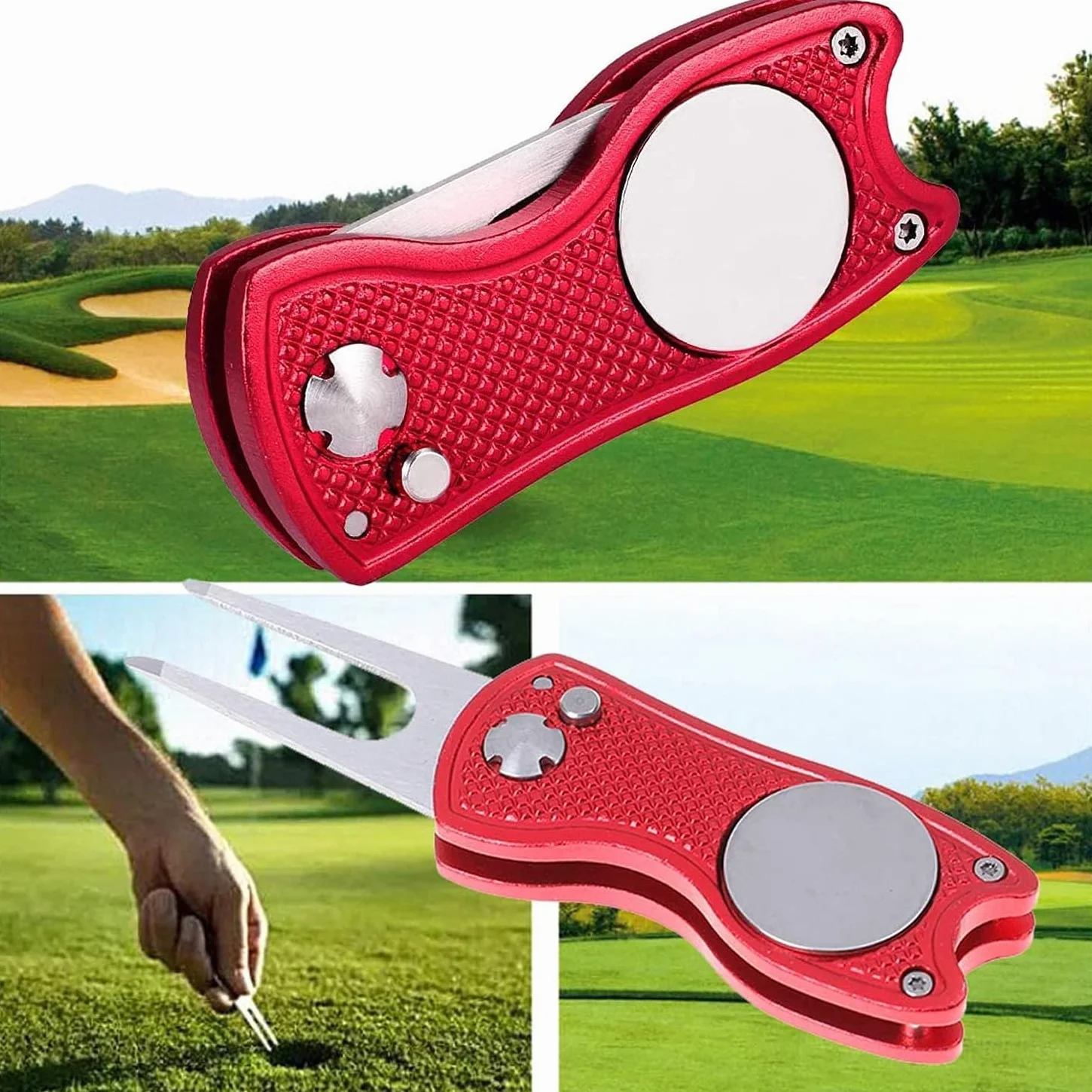 Kiuiom Golf Horquilla Arreglapiques Plegable 2PC Herramienta Reparación Divot Campo de Golf con Mosquetón