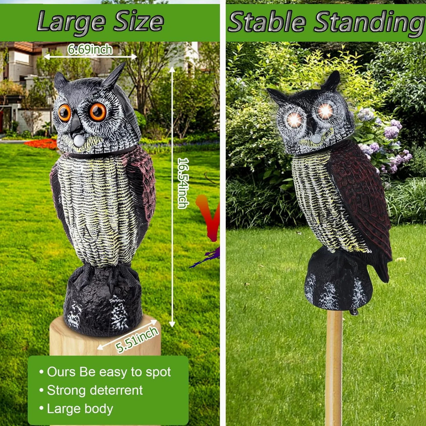 Buho Espantapajaros Solar, Buho Ahuyentador Palomas con Sonido, 43cm Alto | Buhos Espantapajaros Gira Cabeza, Figura Señuelo Búhos Decorativos Grandes para terraza balcon tejado huerto arbol