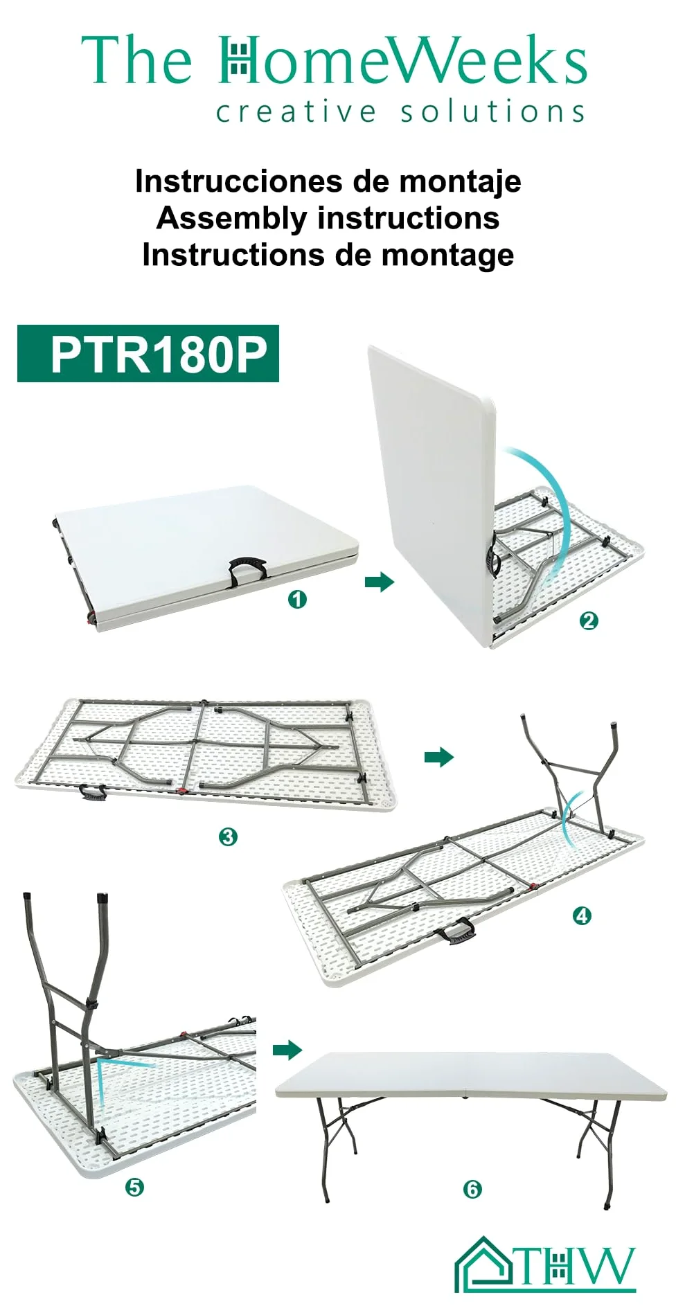 The Homeweeks Mesa Plegable Solid 180cm Portátil | Normativa Uso Público Interior/Exterior | Tablero Resina HDPE 3,5cm | Capacidad 6/8 Personas y Carga 150 kg | Multiuso