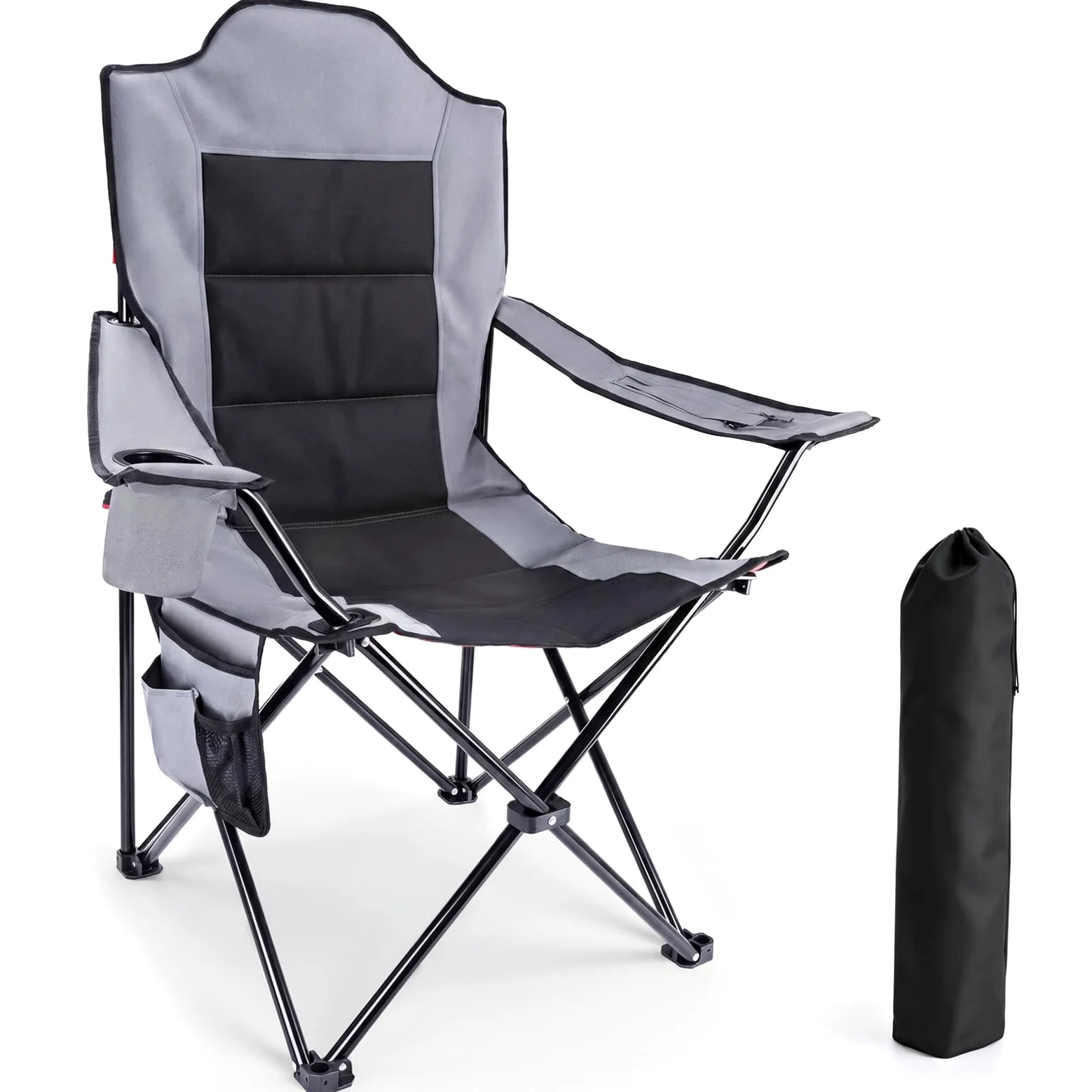 YEAUPE PRO Silla de Camping Plegable y Acolchada, Sillas de Pesca Extra Cómoda hasta 150 kg, Respaldo Alto, con Portavasos y Bolsa de Transporte, Silla Exterior para Camping, Playa, Jardín y Pesca
